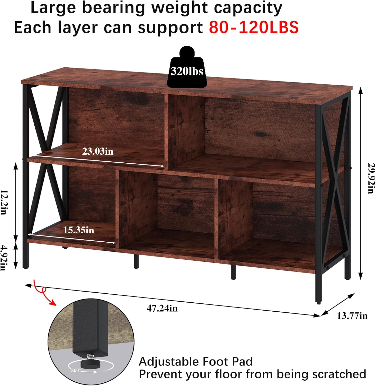Horizontal Bookshelf,Industrial Modern 5 Cube Low Wide Cubby Bookcase with led Light,Long Wood and Metal Storage Organizer Open Shelf, Book Shelf Bedroom Storage for Home Office Living Room(Brown)