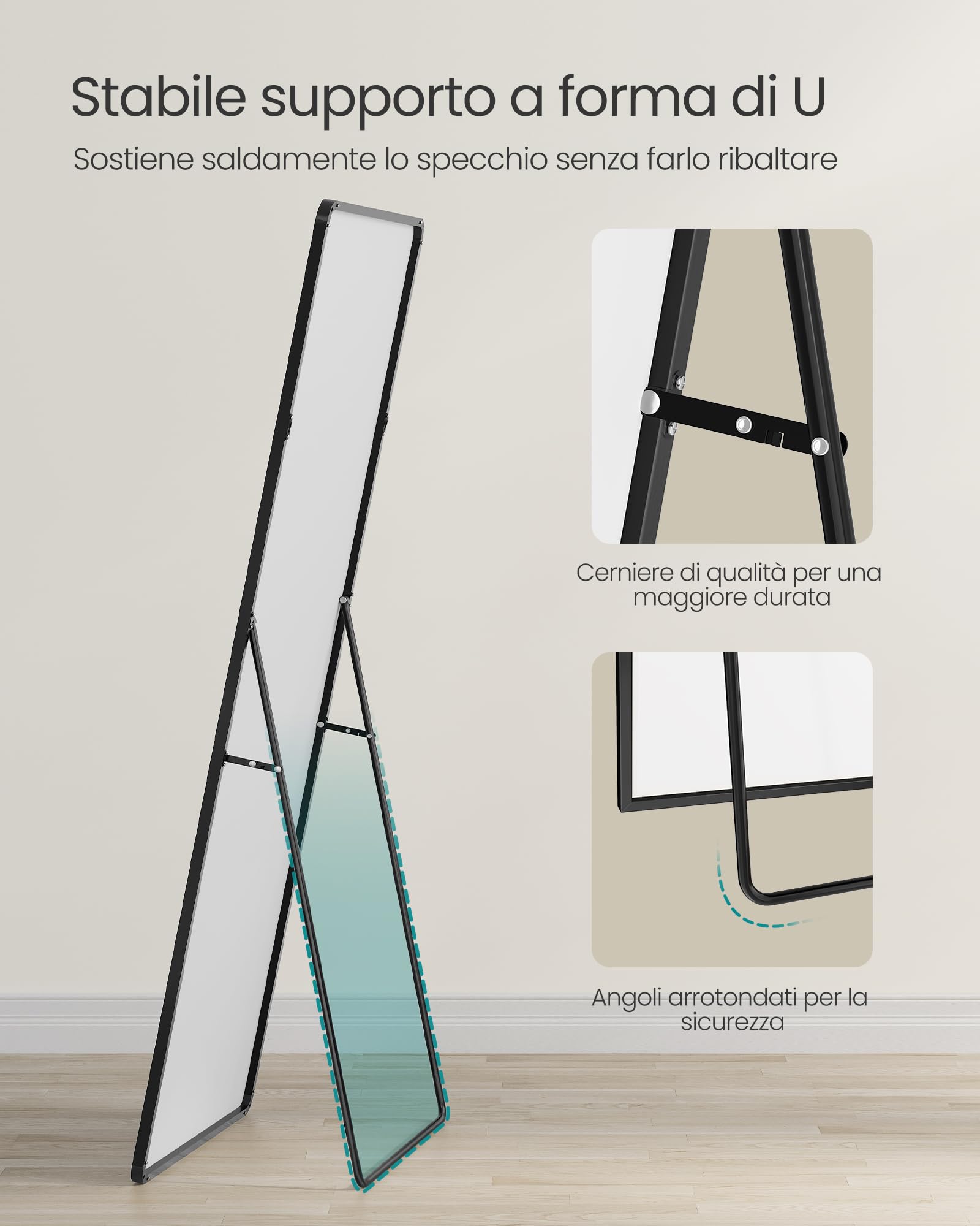 SONGMICS Specchio a Figura Intera, 165 x 60 cm, Specchio da Terra Rettangolare con Supporto, Cornice in Lega di Alluminio, Vetro Temperato, Camera da Letto Soggiorno, Nero Inchiostro LFM038BD01