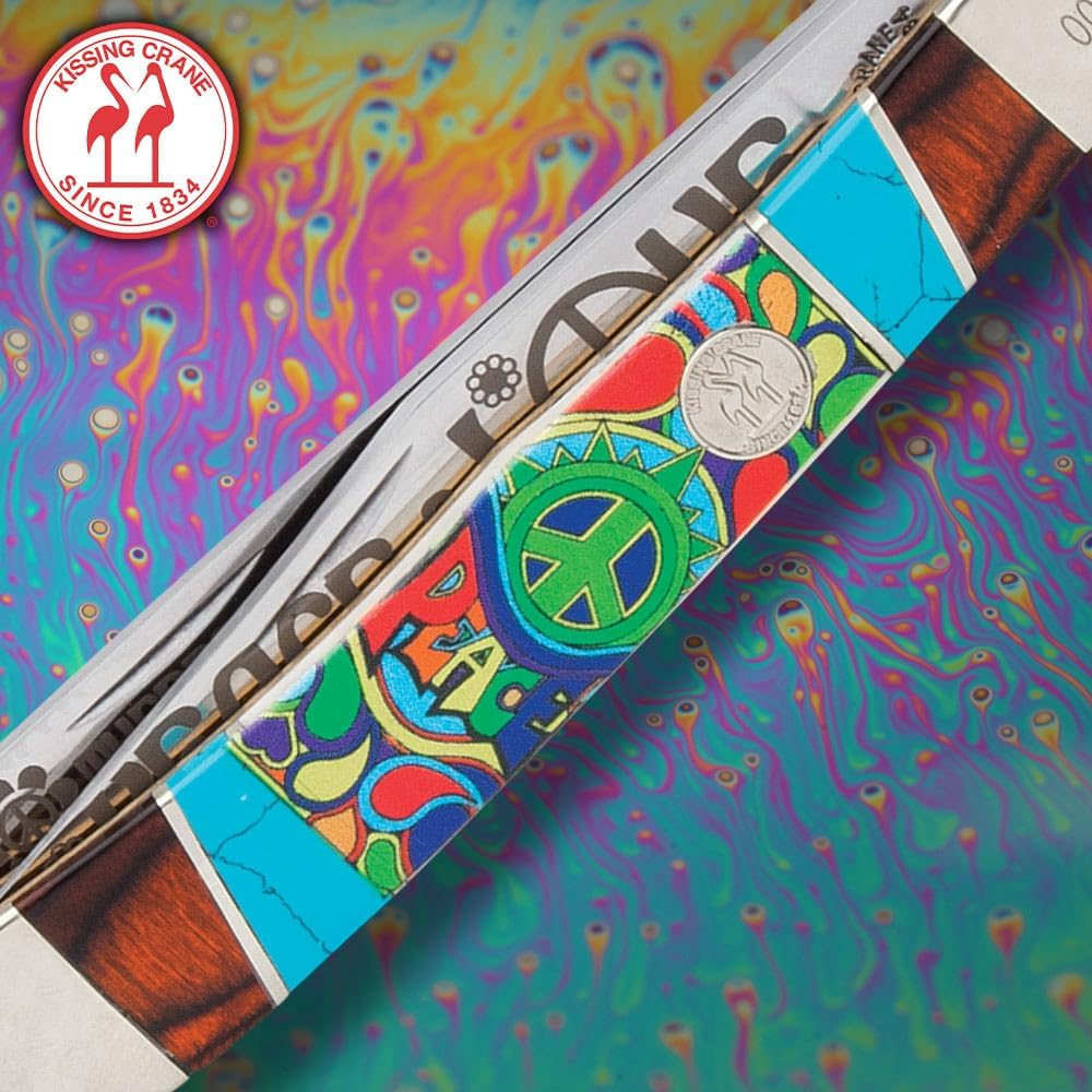 Peace and Love Trapper Pocket Knife | 440 Stainless Steel Blades | 3D Printed Bone Handle Scales | Nickel Silver Bolsters and Brass Pins | Closed Length 4"