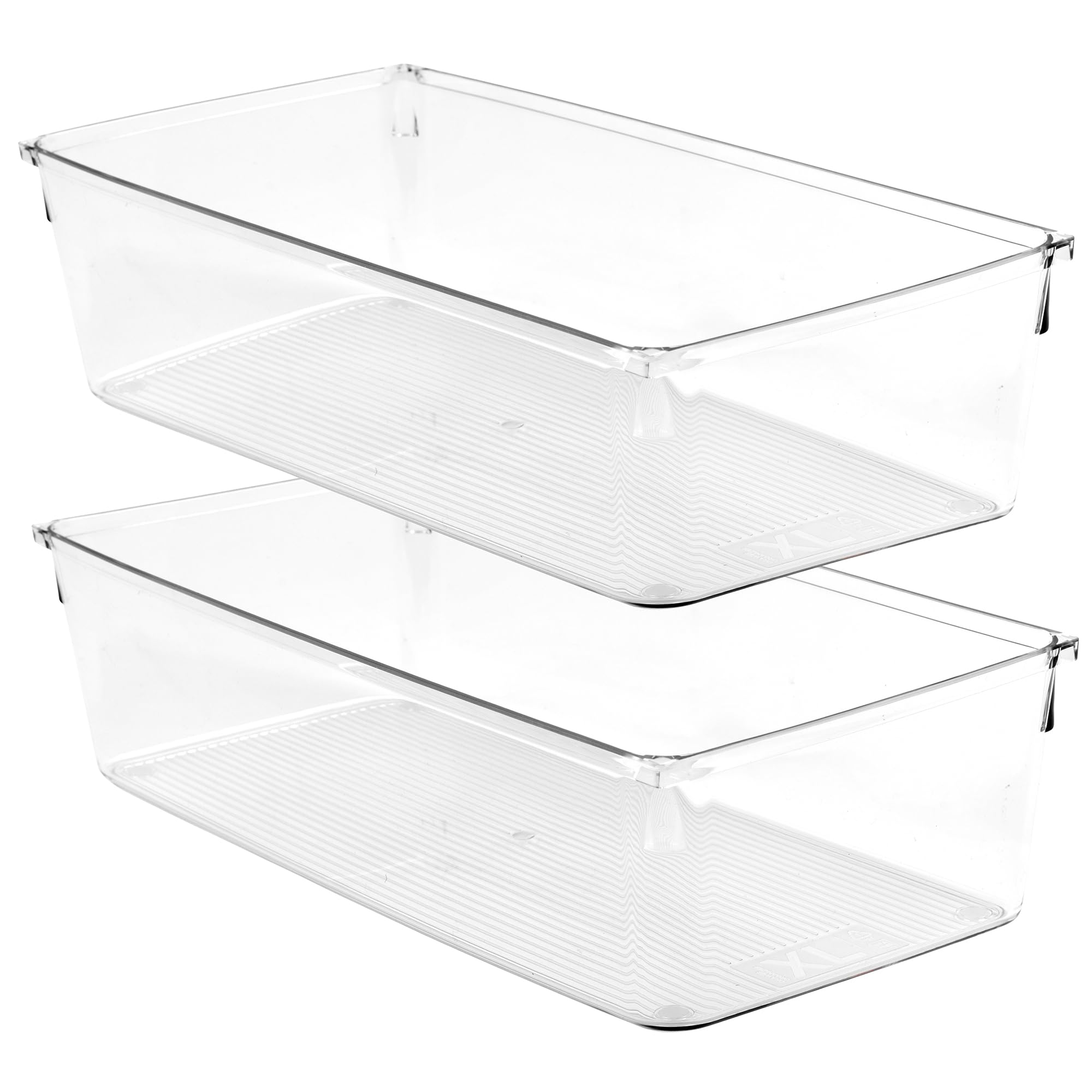 Amtido Clear Drawer Organiser Tray Set, 2 Pack – Durable Storage Containers for Kitchen, Pantry, Office & Cosmetics – Plastic Drawer Organiser Fits Drawers, Cupboards & Fridge - 15.2 x 30.5 x 8.3cm
