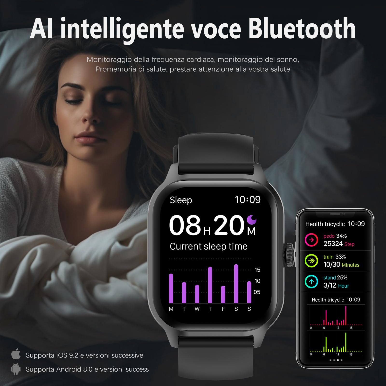 zaisia Smartwatch Uomo Donna con Chiamare/Rispondere, 2.01" Molteplici modalità Sportive Orologio Smartwatch con Contapassi/Sonno/Cardiofrequenzimetro, IP68 Orologio Intelligente per Andorid iOS