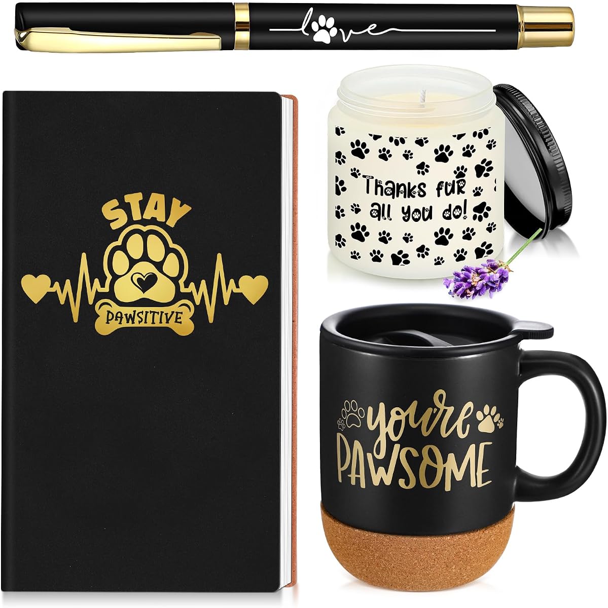 Sayglossy 4 Pcs Veterinary Gift Set Thank You Gift for Vet Tech Veterinary Assistant Animal Lover Pet Groomers Trainer Paw Print Notebook Coffee Mug Scented Candle Pen for Vet Tech Week Dog Sitter