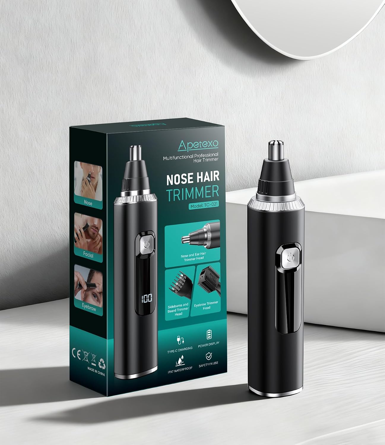 The Apetexo nose hair trimmer and its packaging, showing the product and its features on the box.