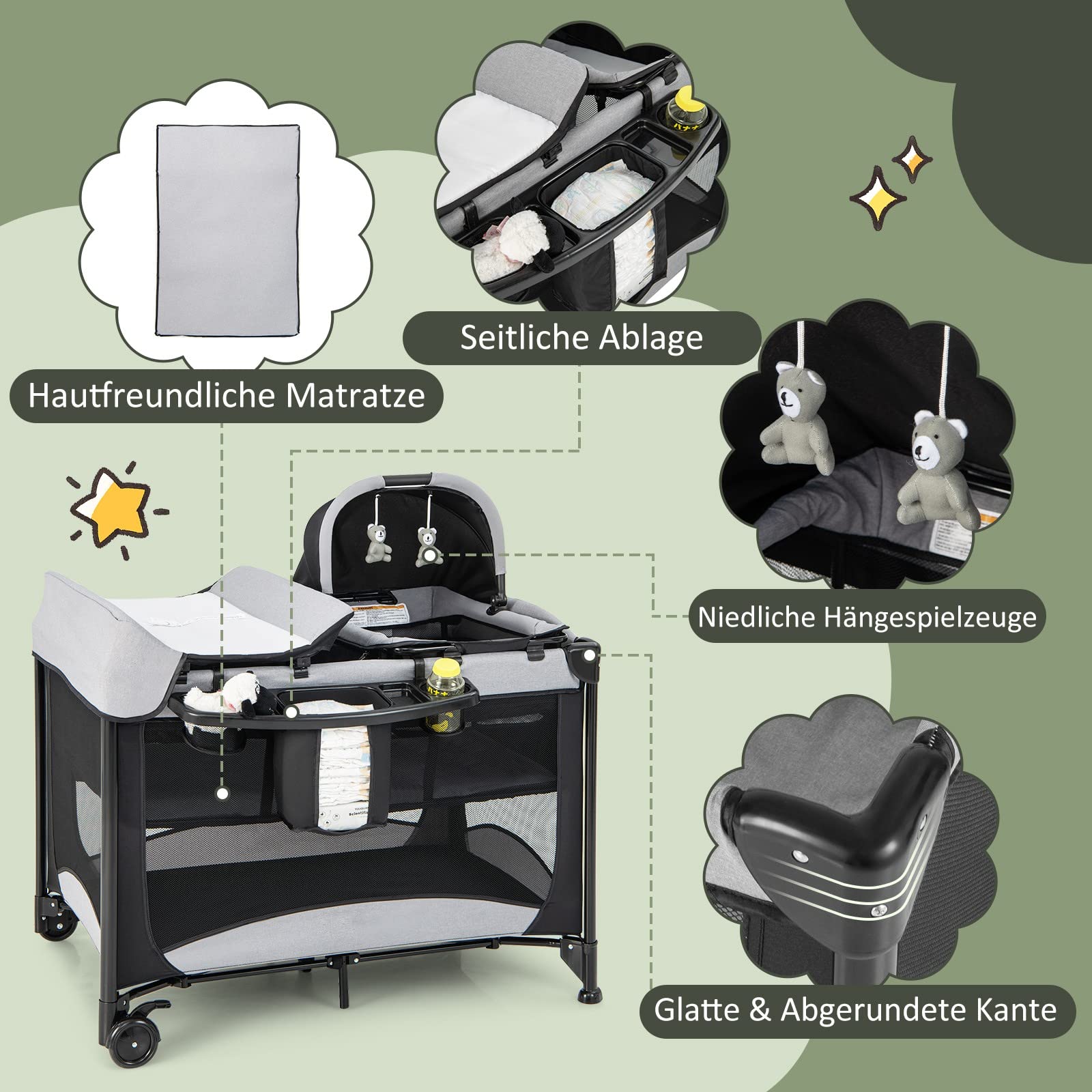 DREAMADE Reisebett Baby mit Matratze, Beistellbett mit Wiege & Wickelauflage, Babybett Set für Neugeborene & Baby bis 36 Monate,110 x 78 cm
