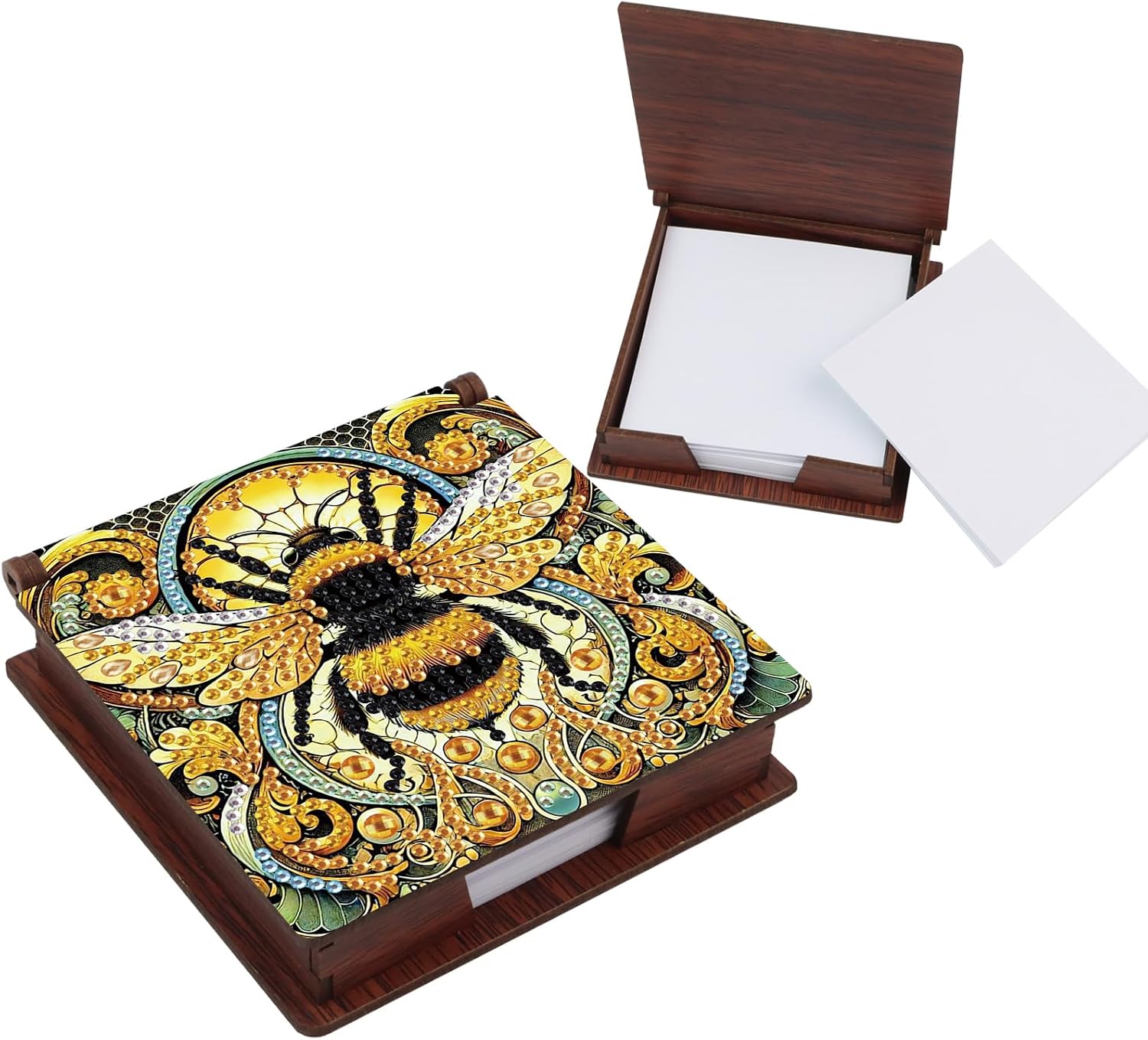 antor DIY Diamond Painting Note Box with 160 Sheets, Vibrant Yellow Bee Rhinestone Diamond Art Kit, Wooden Memo Pad Holder, Reusable Note Paper Desk Organizer for Office, Home & Gift