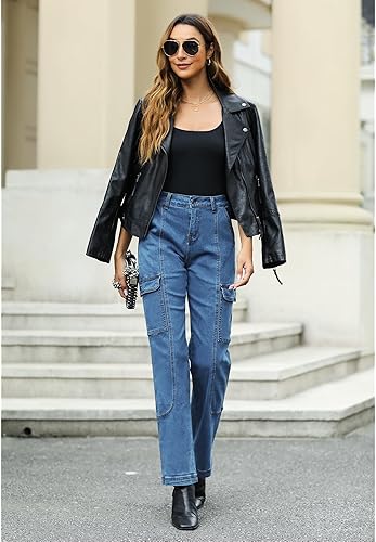 Miniatura 5 de GRAPENT Pantalones cargo para mujer, casuales, de cintura alta, holgados, elásticos, de pierna recta, traje occidental, pantalones Y2K con bolsillos