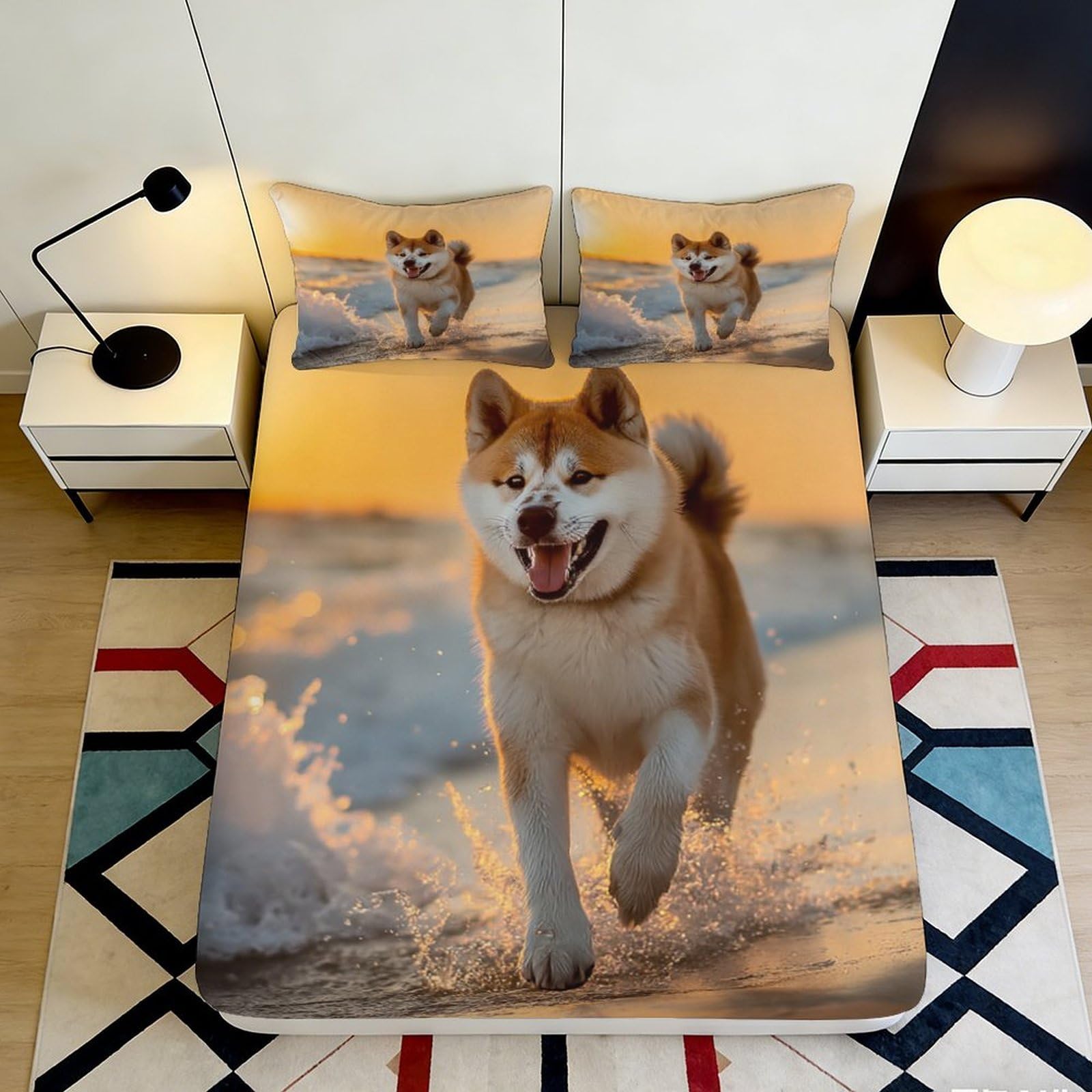 3D Printed Shiba Inu Beach Fitted Sheet Microfiber Soft Anti-Slip Dog Sunset Mattress Cover Bedroom Decor 90x200x25cm