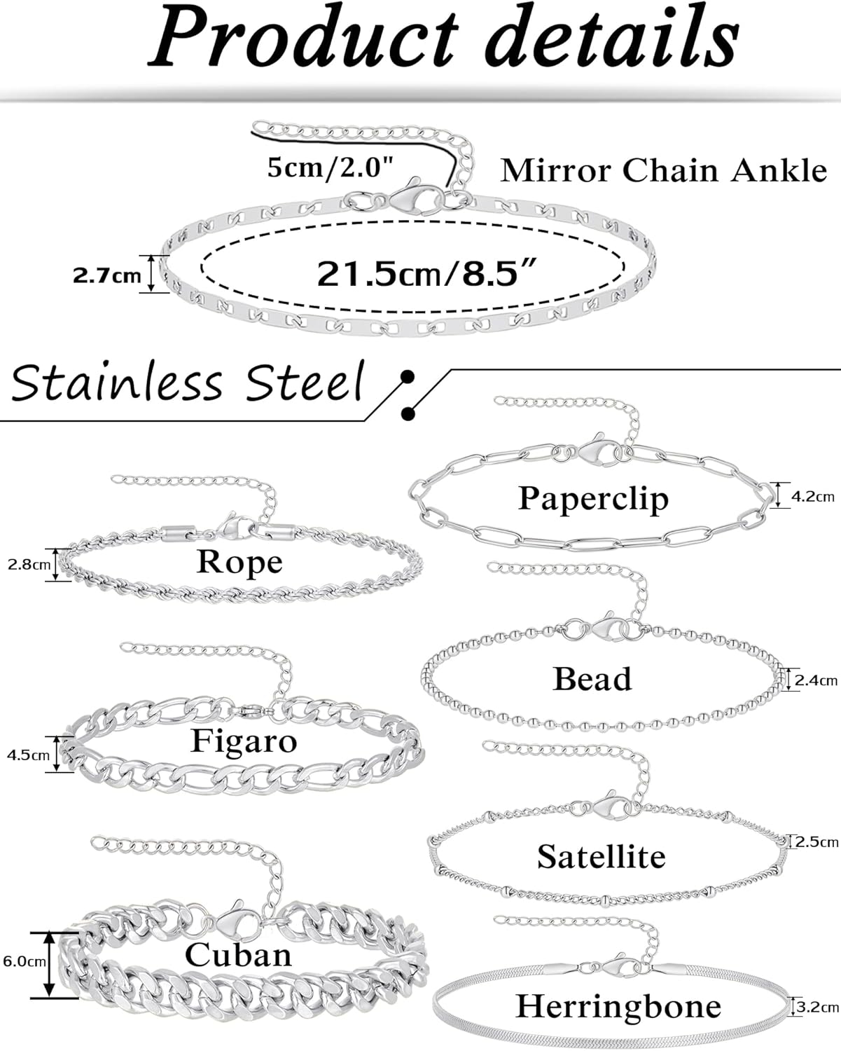 Tornito 8Pcs Ankle Bracelets for Women Stainless Steel Waterproof Layered Cuban Figaro Link Chain Rope Paperclip Herringbone Satellite Bead Anklets Set Summer Beach Jewelry Gold Silver Tone 8.5 Inch - Image 2