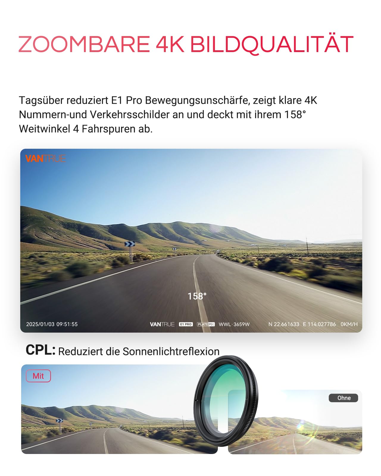 VANTRUE E1 Pro 4K HDR STARVIS 2 Dashcam Auto vorne, 5GHz WLAN Mini Dash Cam mit CPL, GPS Sprachbefehle, Parküberwachung, 1.54 Zoll 160°