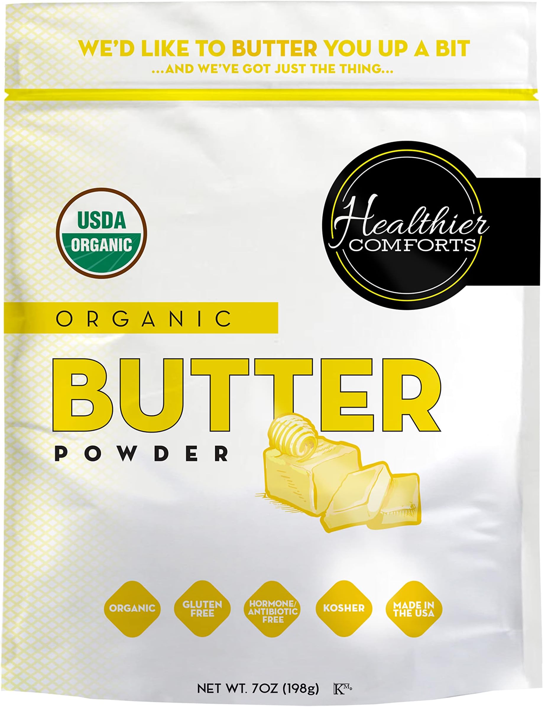 Healthier Comforts Organic Butter Powder | USDA Certified Organic Dehydrated Unsalted Butter | Kosher, Gluten Free, Non-GMO | Popcorn, Baking, Seasoning 7oz