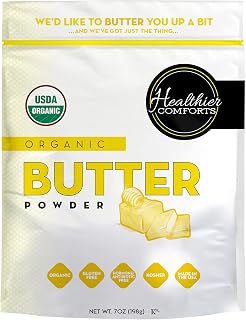 Healthier Comforts Organic Butter Powder | USDA Certified Organic Dehydrated Unsalted Butter | Kosher, Gluten Free, Non-GMO | Popcorn, Baking, Seasoning 7oz