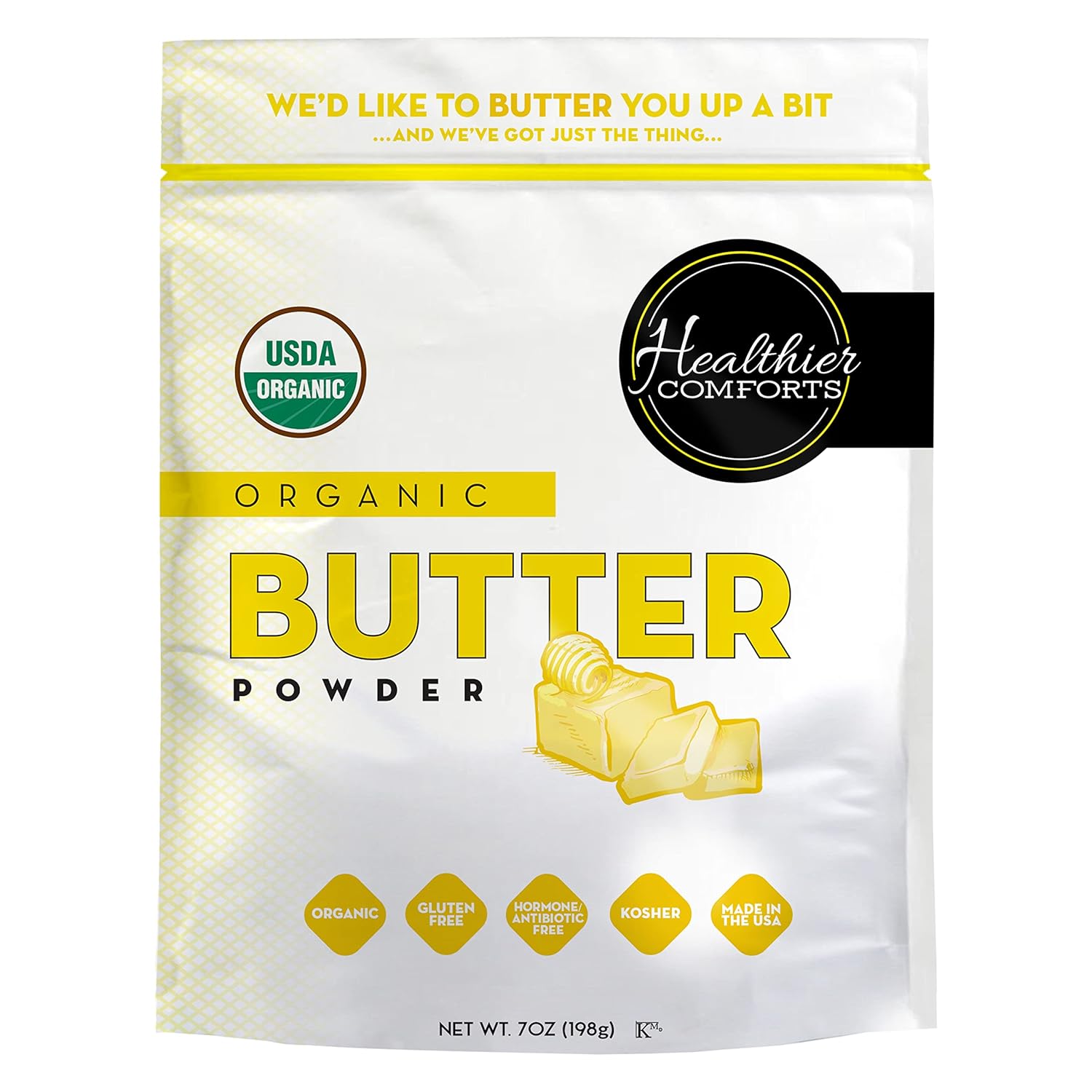 Product image of Healthier Comforts Organic Butter Powder | USDA Certified Organic Dehydrated Unsalted Butter | Kosher, Gluten Free, Non-GMO | Popcorn, Baking, Seasoning 7oz