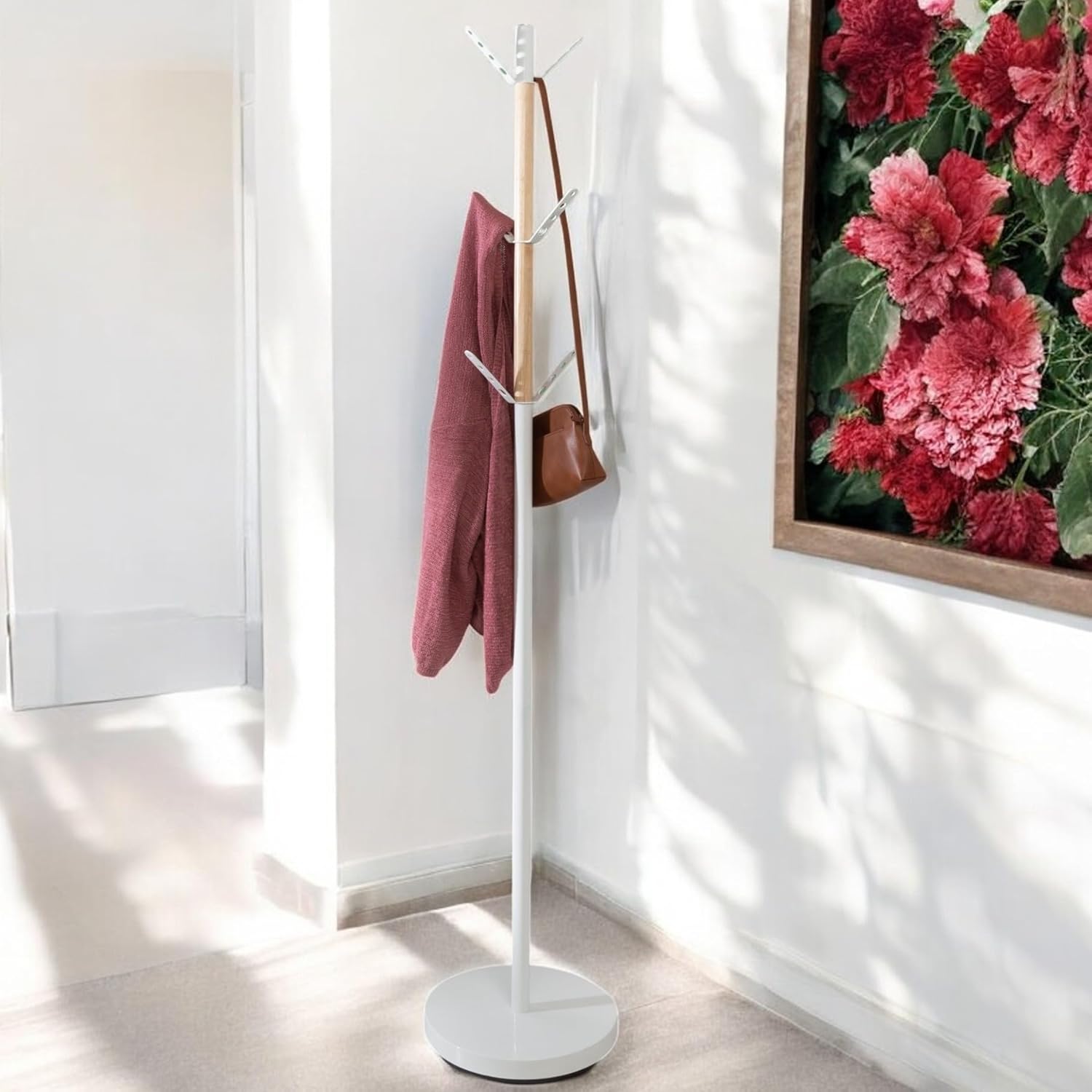 Honey-Can-Do Standing Coat Rack/Entryway Coat Rack Tree, White With Wood Accents