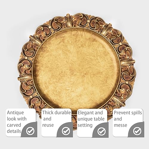 Miniatura 4 de MAONAME Platos de carga dorados antiguos de 13 pulgadas con bordes en relieve, juego de 4, cargadores de platos de plástico para platos llanos,
