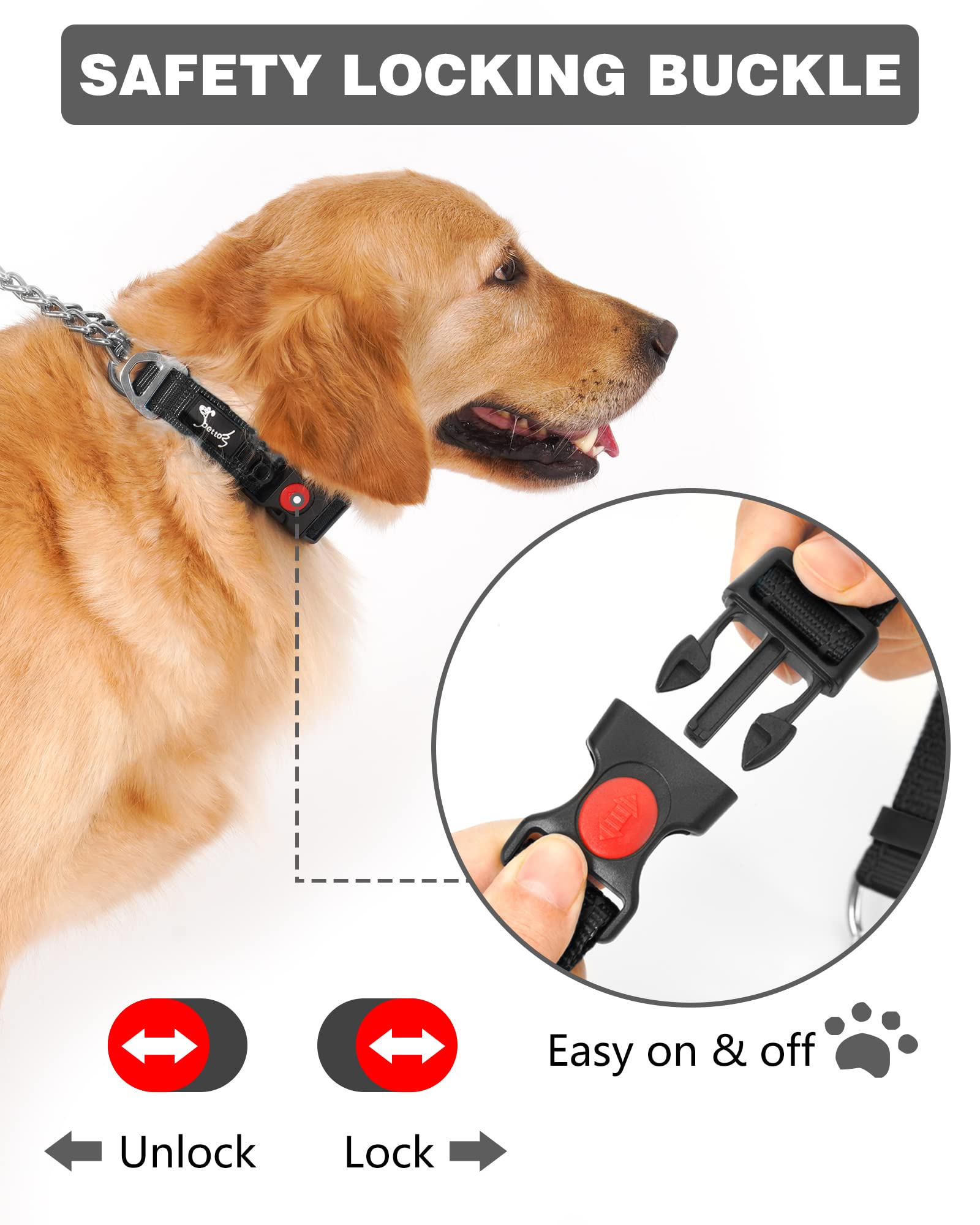 PETTOM Collare Semistrozzo per Cani Cane Addestramento Collari con Catena Regolabile Riflettente Anello di Metallo Nylon Imbottito Fibbia di Sicurezza Martingale Collare per Camminare Allenarsi Nero