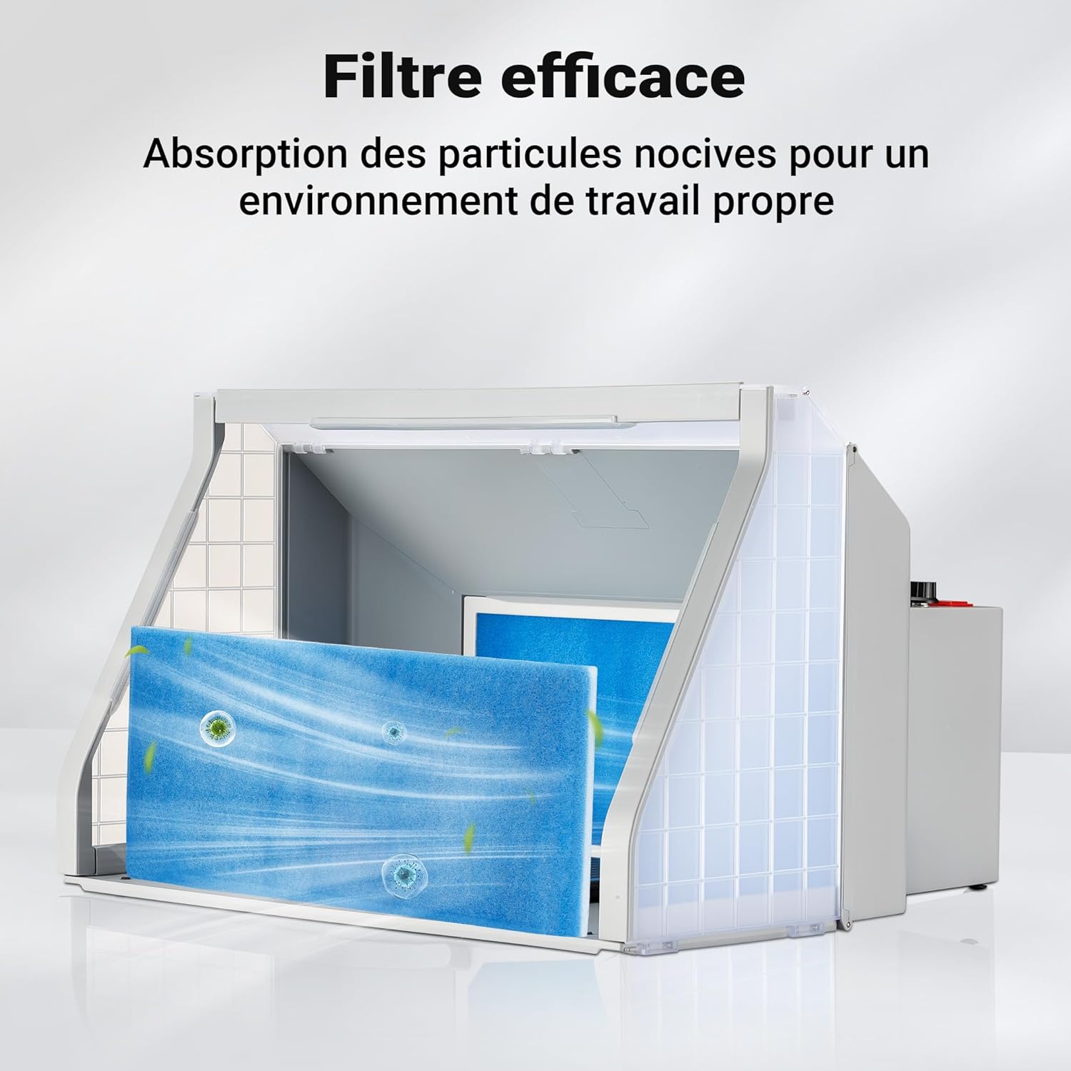 Illustration of the effective filter absorbing harmful particles, ensuring a clean working environment.