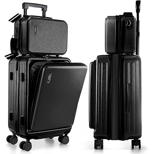 22 Inch Carry On Luggage, Carry On Suitcase with Wheels, Hardside Luggage Carry On, Expandable Black Small Suitcase, Hard Shell Carry-on Luggage, Spinner Luggage with Cosmetic Carry On Bag