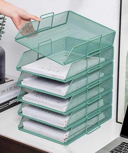 ZESLIV Desk Organiser with File Holder, 2-Tier Letter Tray with Drawer and Top Box, Mesh Desk File Organiser with Magazine Holder for Office Organiser, Green - Image 4