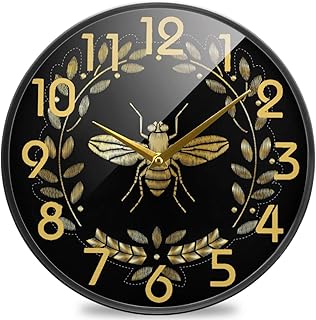Naanle Golden Bee Insect Pattern Round Wall Clock, 9.5 Inch Silent Battery Operated Quartz Analog Quiet Desk Clock for Home,Office,School