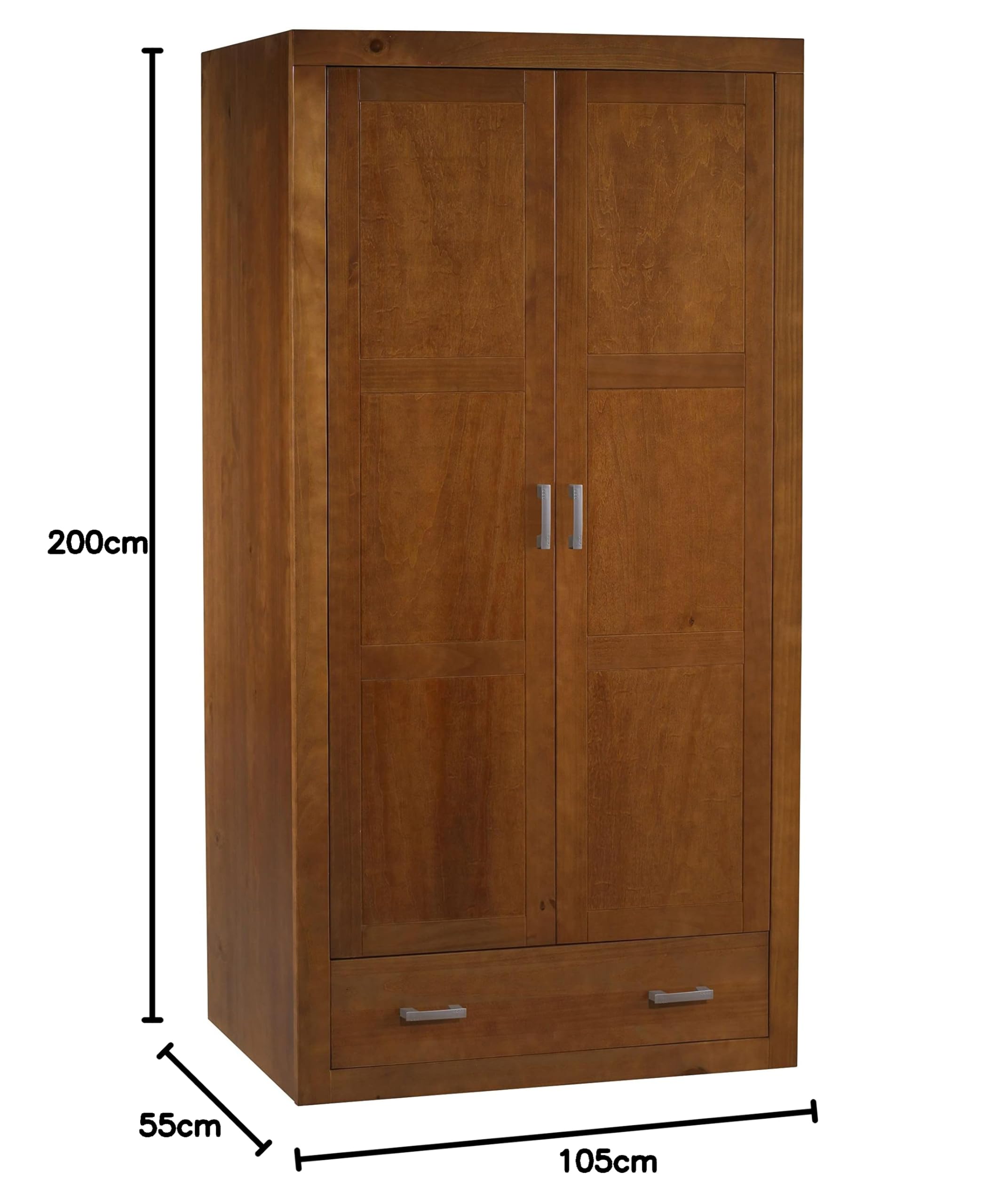 Armario de Almacenamiento para Dormitorio, Madera Maciza de Pino Natural, Color Cerezo Medidas 200x55 cm (altoxfondo). (105 cm de Ancho) 2 Puertas y Un Cajon