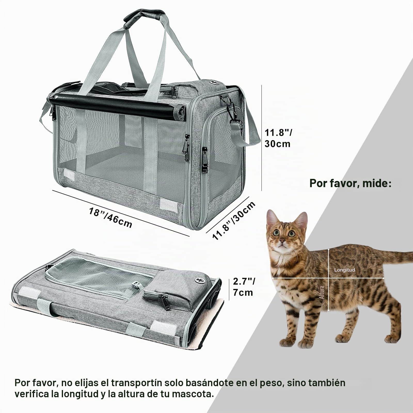 Transportín Gato Plegable – Bolsa Transporte para Gato y Perro Pequeño hasta 9kg – 46×30×30cm con Ventana, Bolsillo y Malla Transpirable (Gris Oscuro)