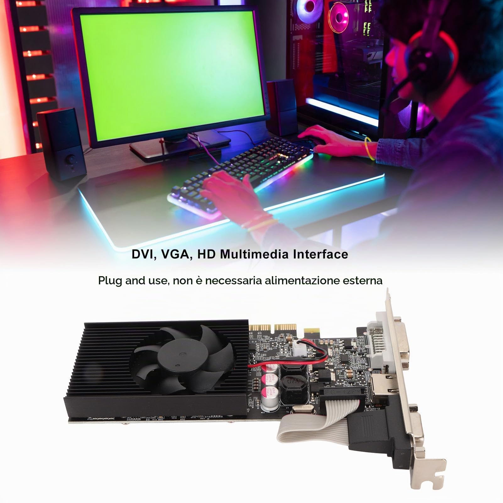 Bewinner Scheda grafica GT730, scheda grafica DDR3 da 2 GB, scheda grafica PCI Express X16 2.0 con interfaccia HDMI DVI-VGA, scheda grafica PCI Express X16 2.0 con ventola