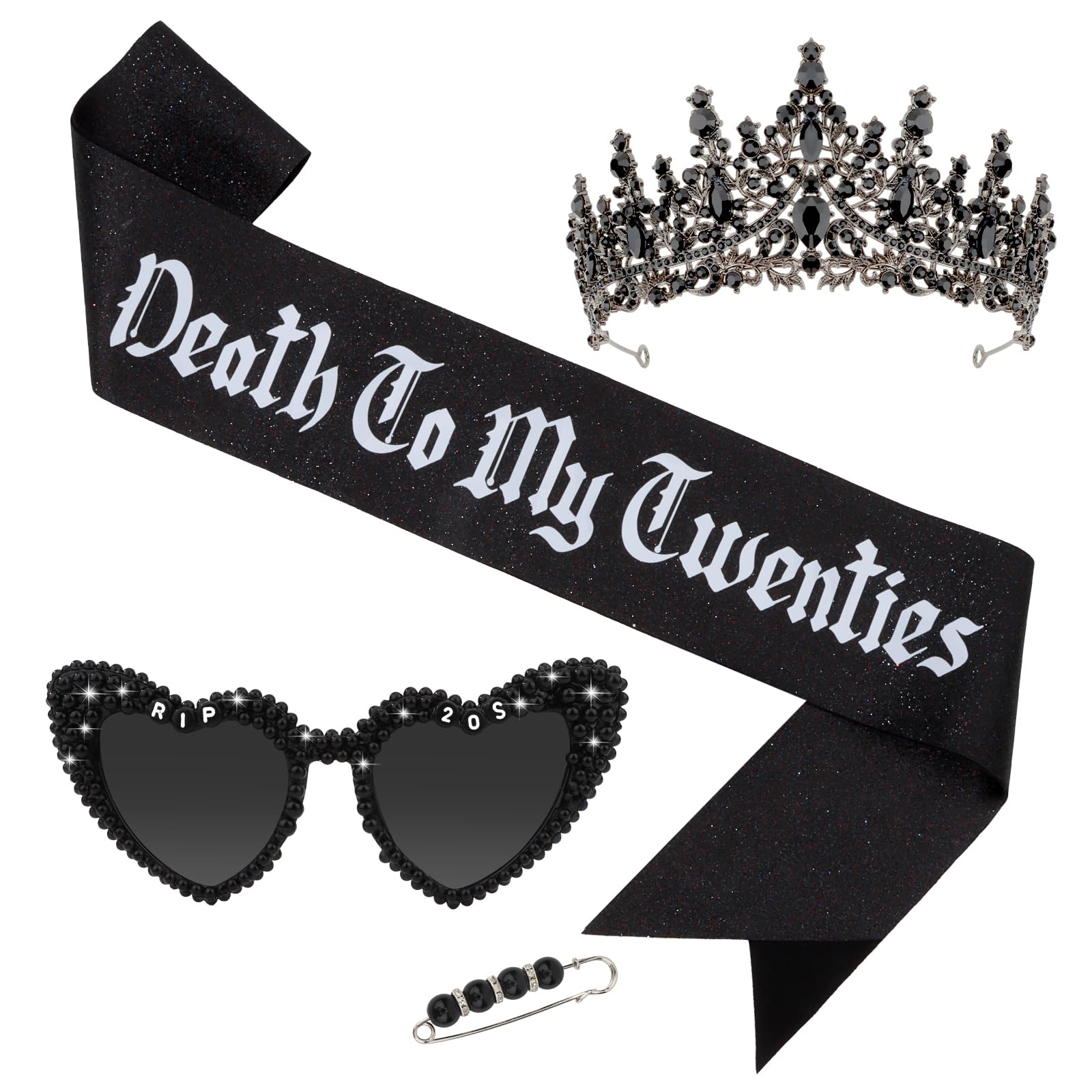 Uintoon Death to My 20s Decorations 3 PCS, 30th Birthday Sash Rip 20s Birthday Glasses and Black Crown Tiara for Women, 30th Birthday Decorations for