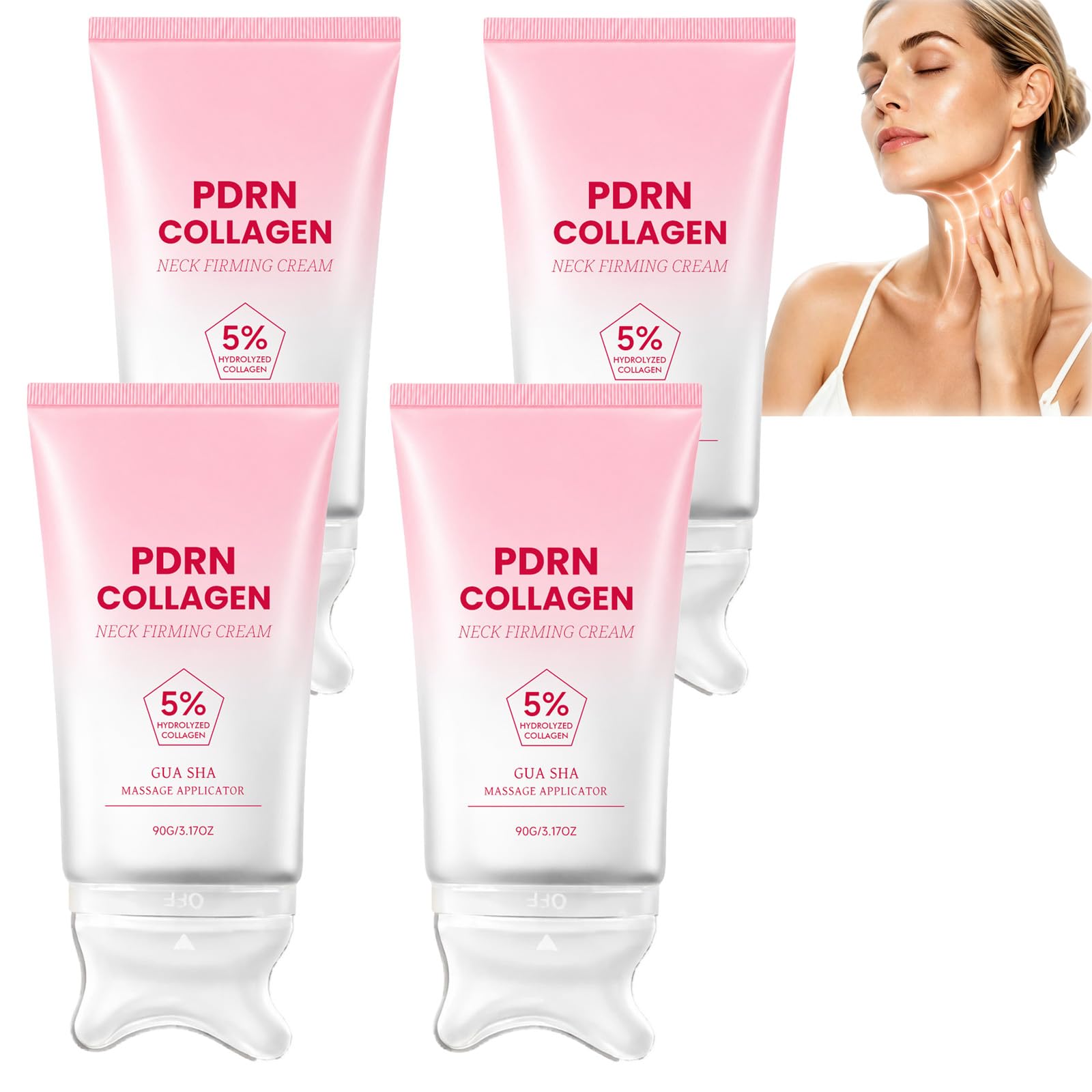 Crème Gua Sha Raffermissante au Collagène PDRN pour le Cou et le Contour de la Mâchoire, avec masseur Gua Sha intégré, soin hydratant pour le contour de la mâchoire, lisse la peau (4PCS)