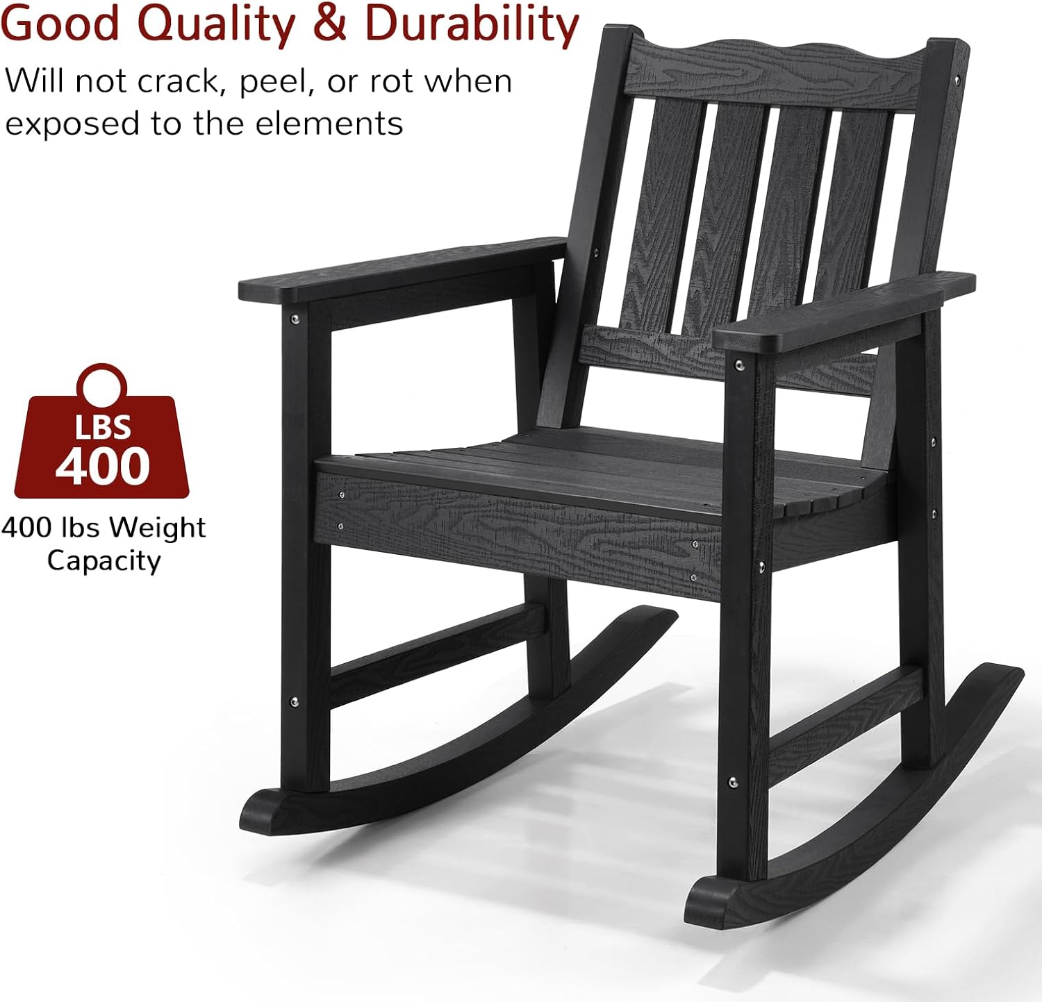 Stoog All-Weather Patio Rocking Chair - Heavy Duty 400 lbs Capacity Outdoor Rocking Chair, Never Fade & No Rot, Waterproof & Weather-Resistant for Porch, Backyard, Deck, Garden, Fire Pit, Lawn - Black
