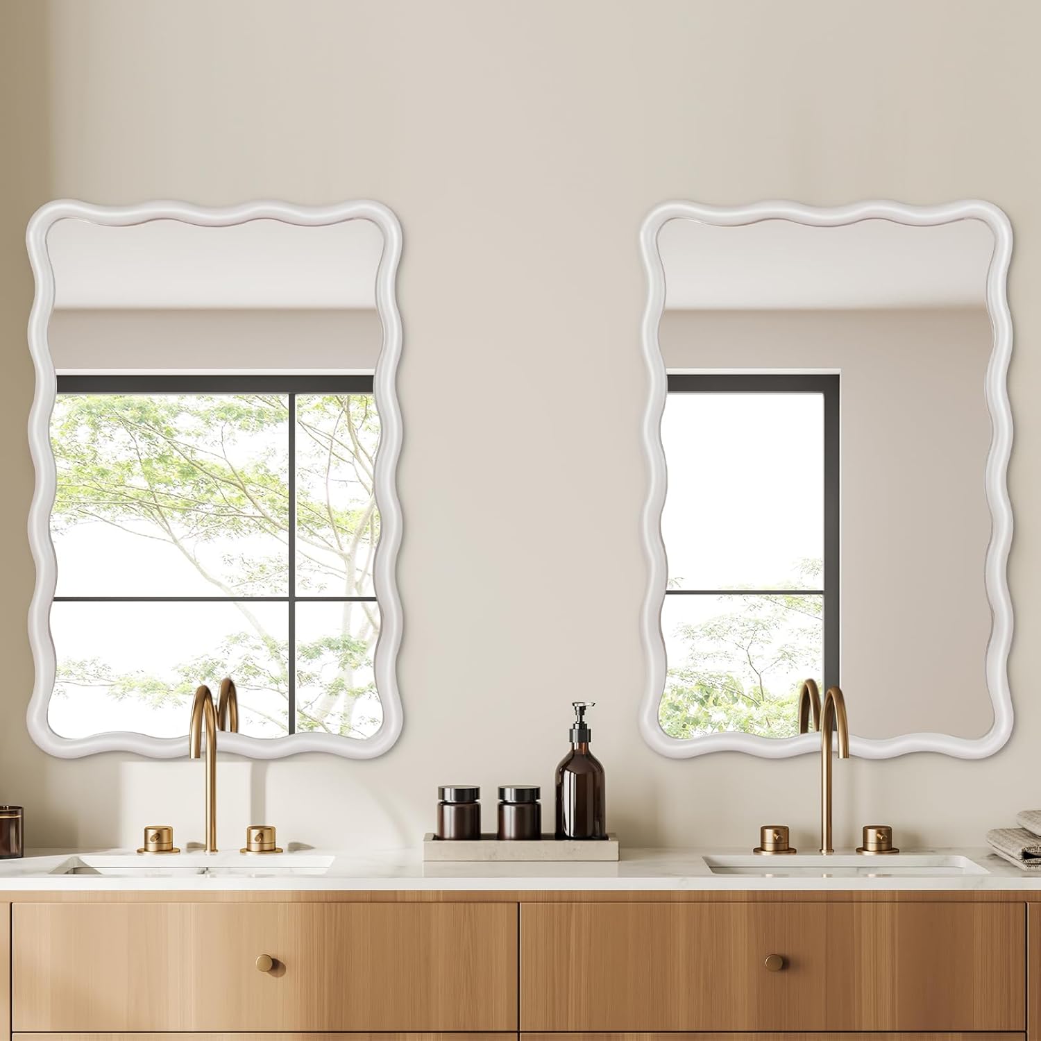 Wavy Rectangular Bathroom Mirror with Scalloped Metal Frame - White Decorative Mirror Modern Farmhouse Mirror for Vanity, Living Room, Entryway, or Hallway (White)