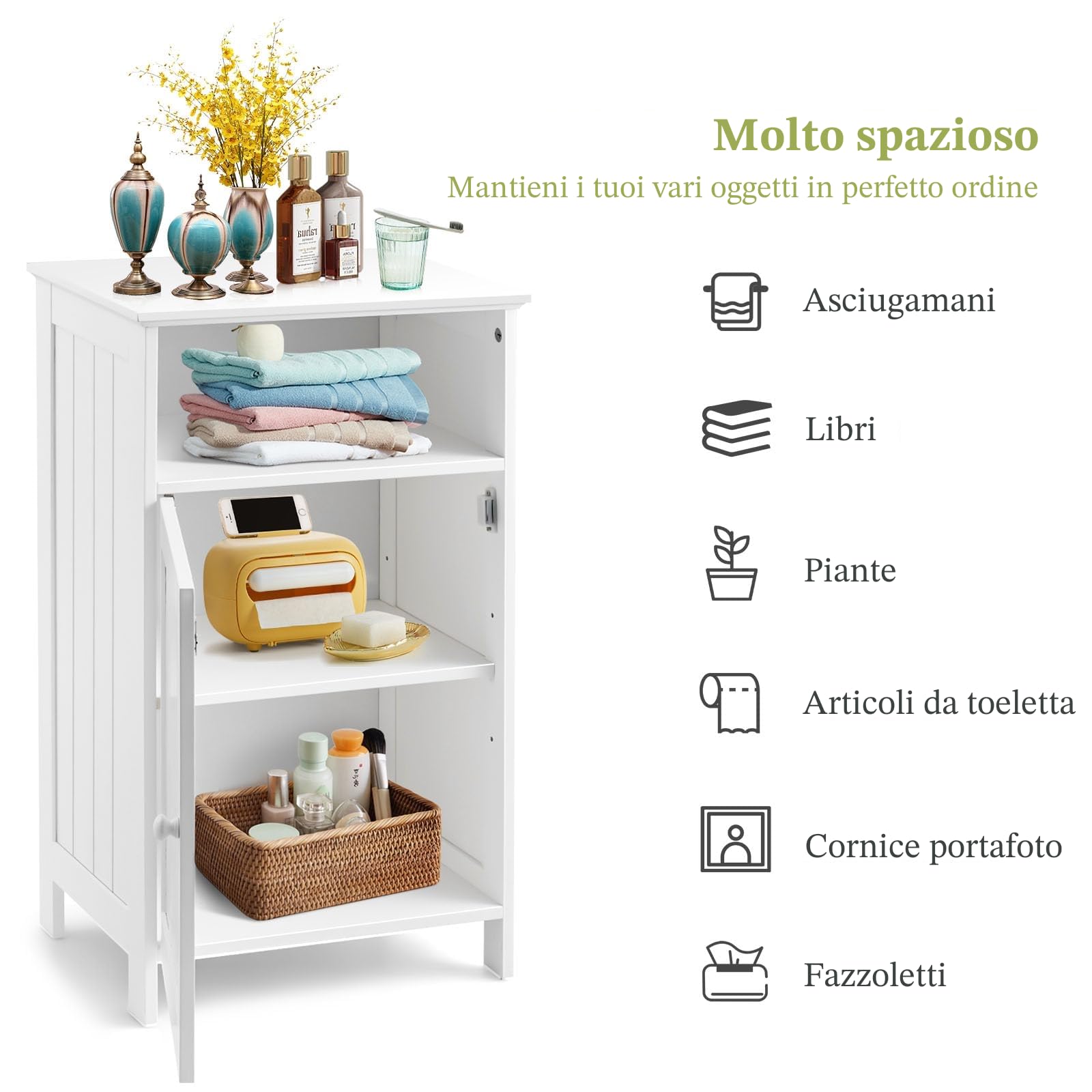 LIFEZEAL Mobiletto Bagno Salvaspazio con 1 Anta e Ripiano Interno Regolabile, Armadietto da Bagno da Terra in Legno, Mobiletto Multiuso di Gran Capacità, 40 x 30 x 70 cm (bianco)