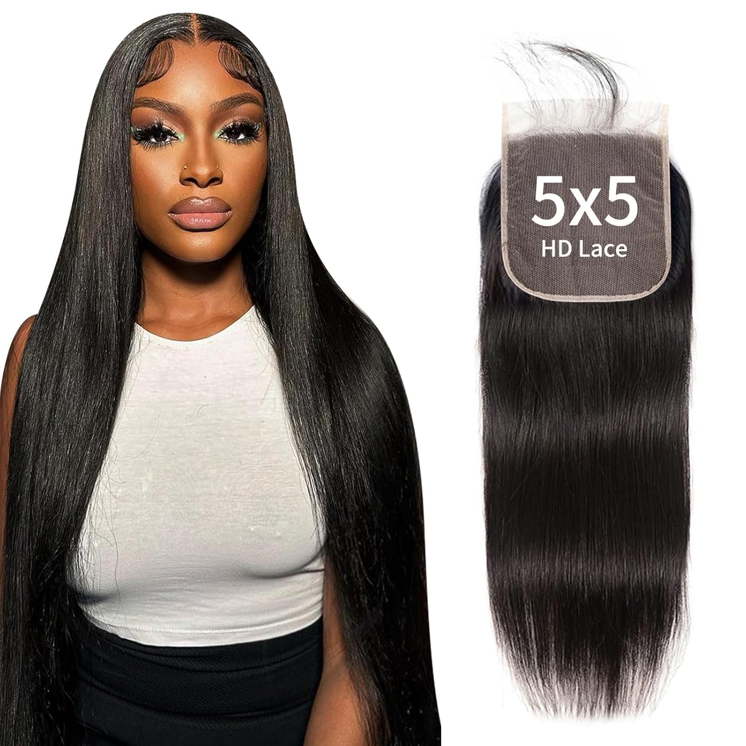 Skinlike Real 5x5 HD Lace Closure Human Hair 100% Raw Cambodian Pre-plucked Straight 0.10mm Ultra-thin Melted Invisible Swiss Lace Small Single Knot Hand-Tied & No Shedding 20 Inches