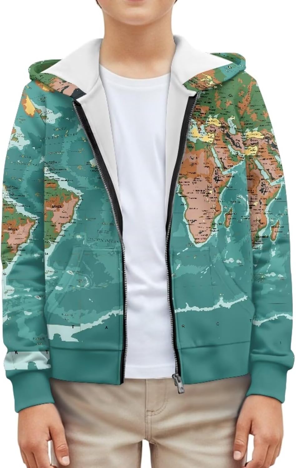 Kid Fall Pullover Sweatshirt Clothes Vintage Long Sleeve Zipper World Map Lime Green Boys Hoodies with Pockets
