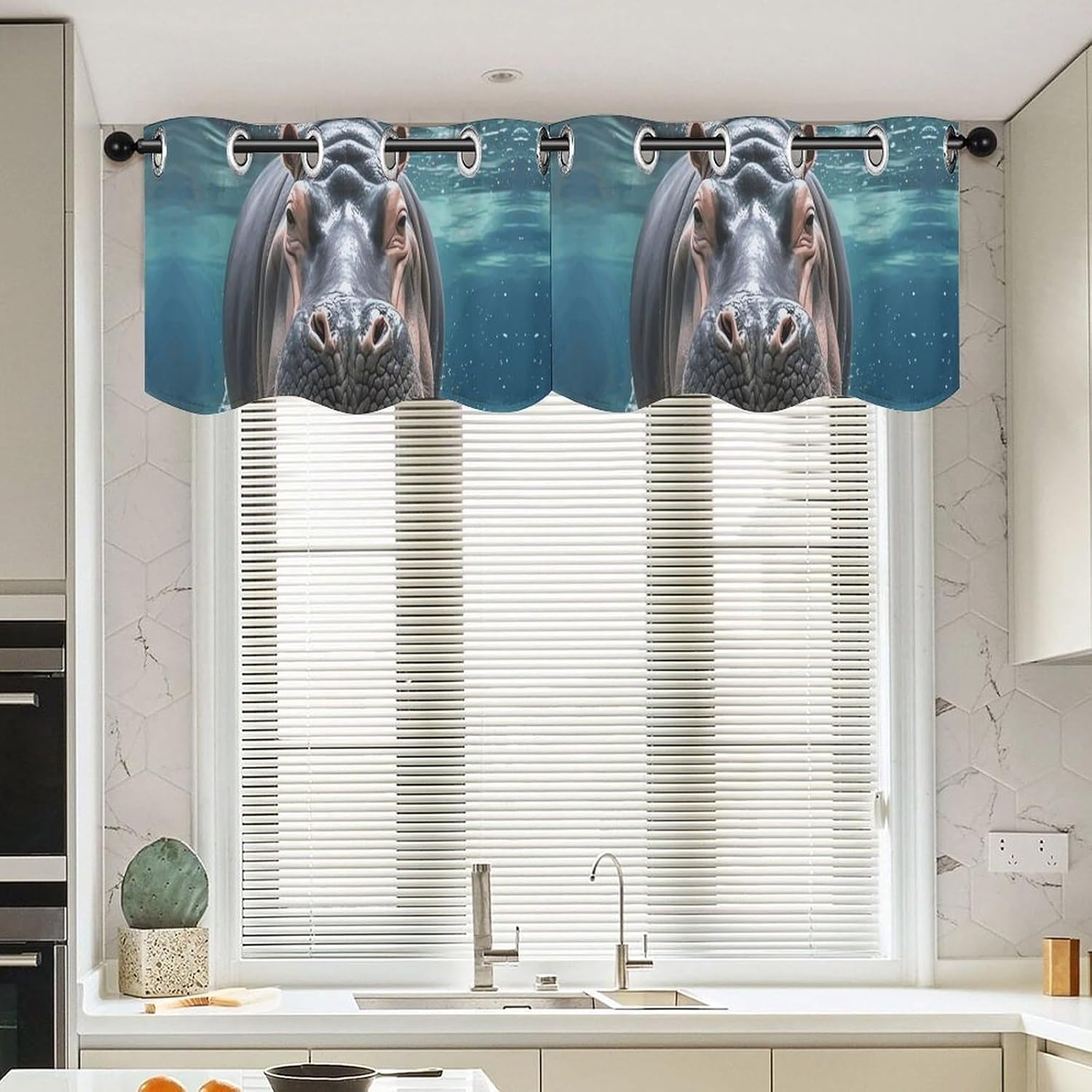 Diving Hippo Valance for Windows, 2 Pack Kitchen Curtains Modern Home Decor, Soft Blackout Window Curtains for Living Room & Bedroom, 18 X 52 Inch