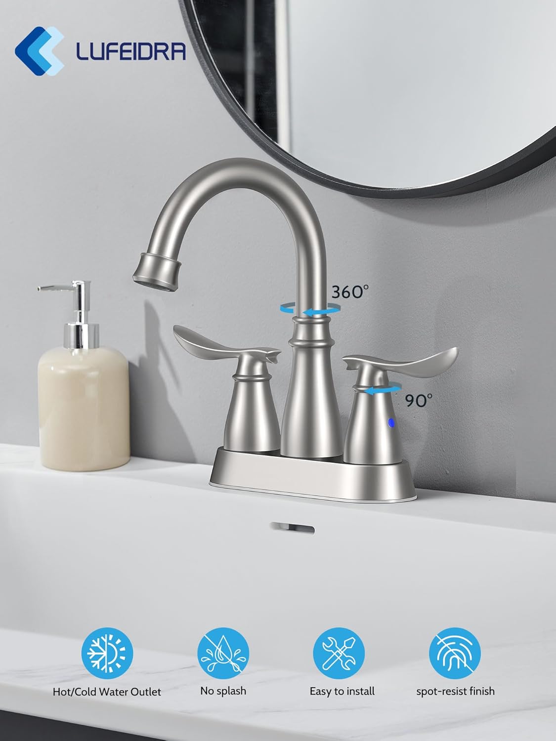 LUFEIDRA Bathroom Faucets with Pop-up Drain, Lead-Free 4 inch Centerset 2-Handle 2-3 Hole 360° Swivel Spout Faucet and Water Supply Lines for Bath Sink, Rv, Laundry, Brushed Nickel