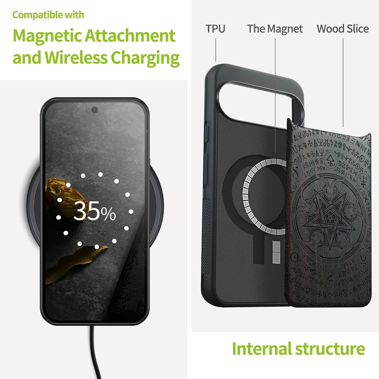 Carveit Magnetic Wooden Case for Google Pixel 10 Pro XL Case, Wood Artisan Engraved & Soft TPU Shockproof Cover, Compatible with MagSafe Wireless Chargers (Whisper of The Abyss) Blackwood