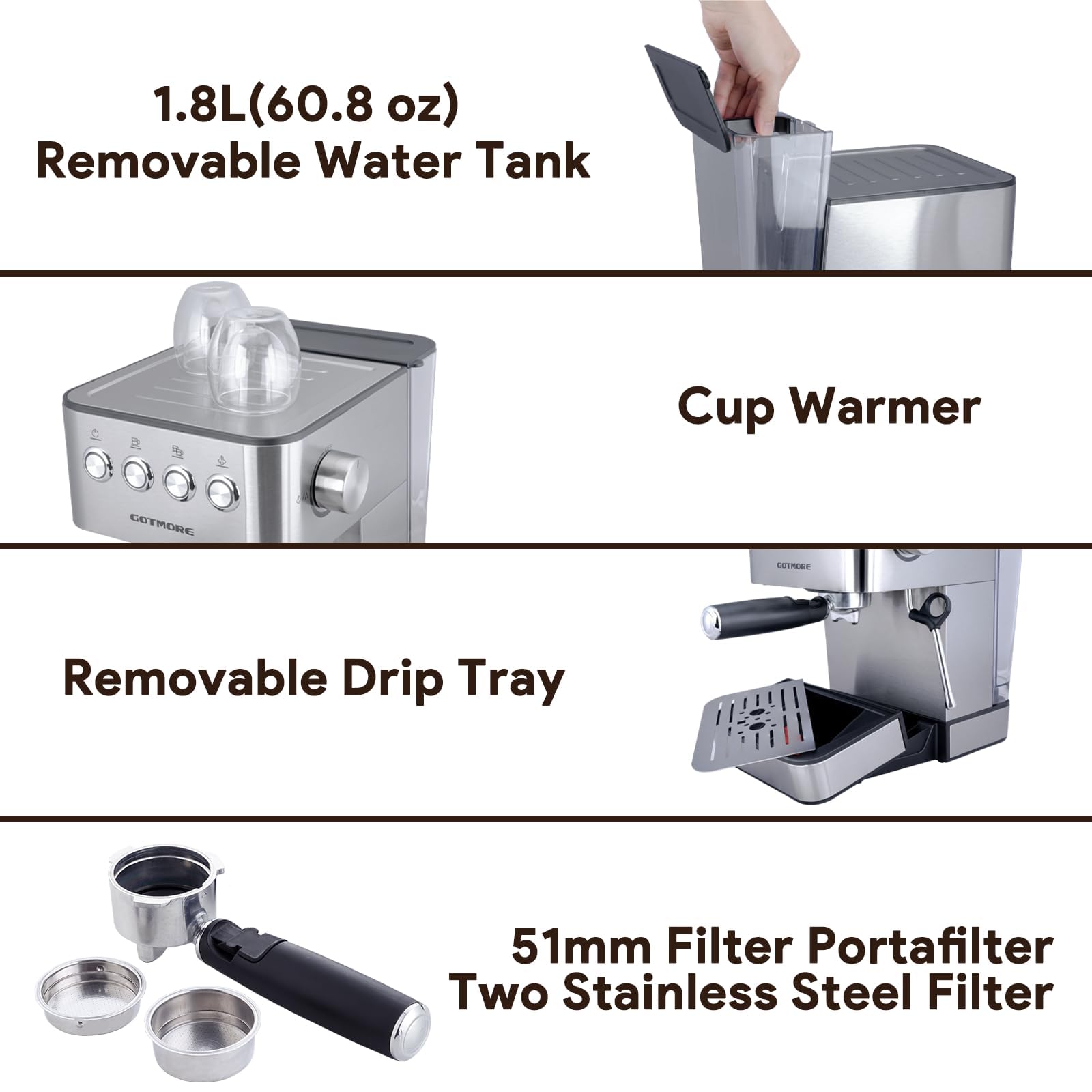 Máquinas de café espresso, máquina de espresso de acero inoxidable con espumador de leche y varita de vapor para café con leche, capuchino, cafetera espresso de 15 bar para el hogar con tanque