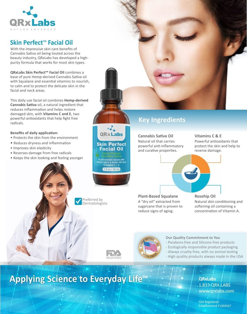 Skin Perfect Facial Oil - Pure Hemp-derived Cannabis Sativa Oil combined with Squalane, Rosehip Oil and Vitamins C & E - 1 fl oz : Beauty & Personal Care