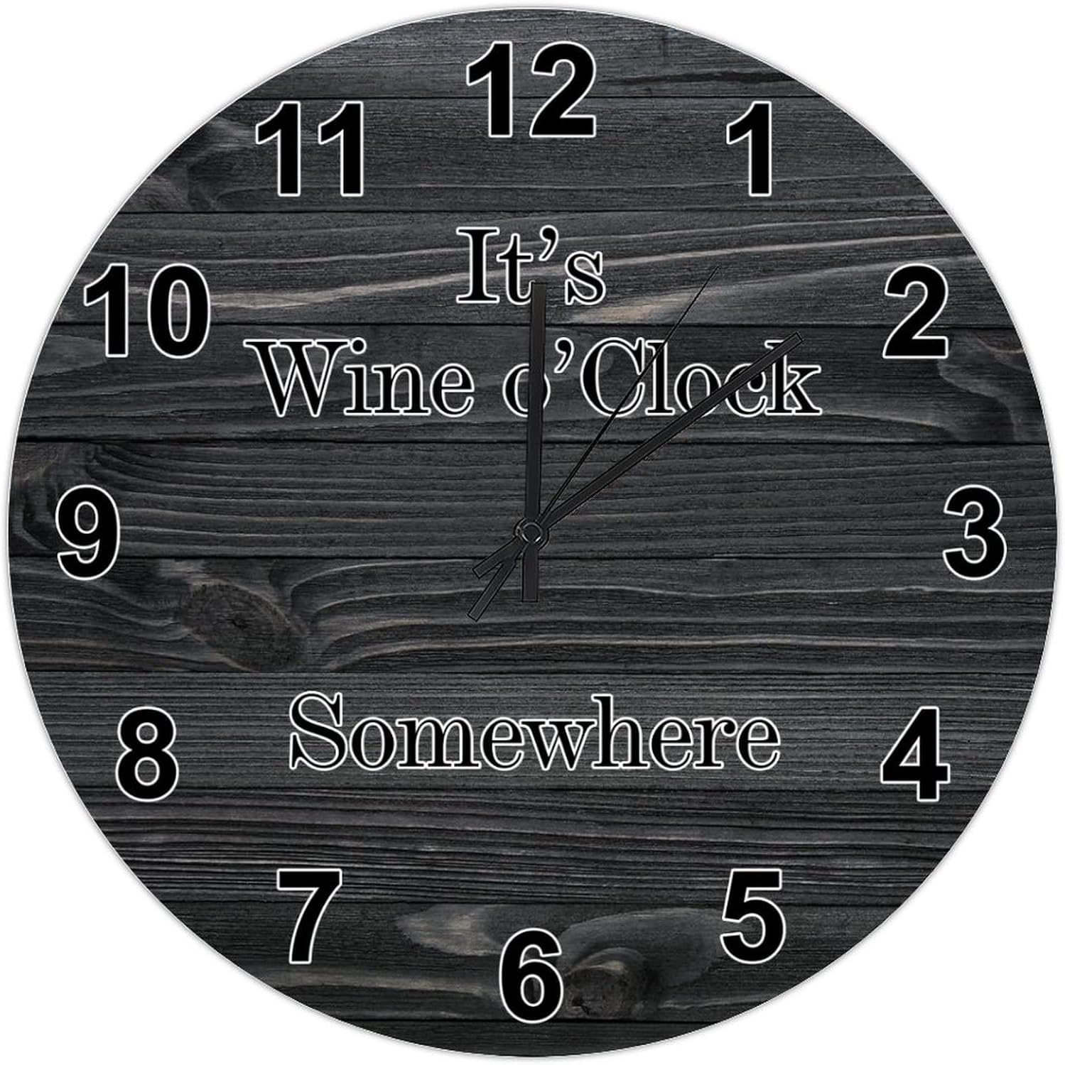 12in Hanging Clock Black Wood Grain Wooden Clock Wine Lovers Gift Arts and Crafts Silent Non-Ticking Battery Operated Novelty French Design Artwork for Mantel Sunroom Classroom Terrace