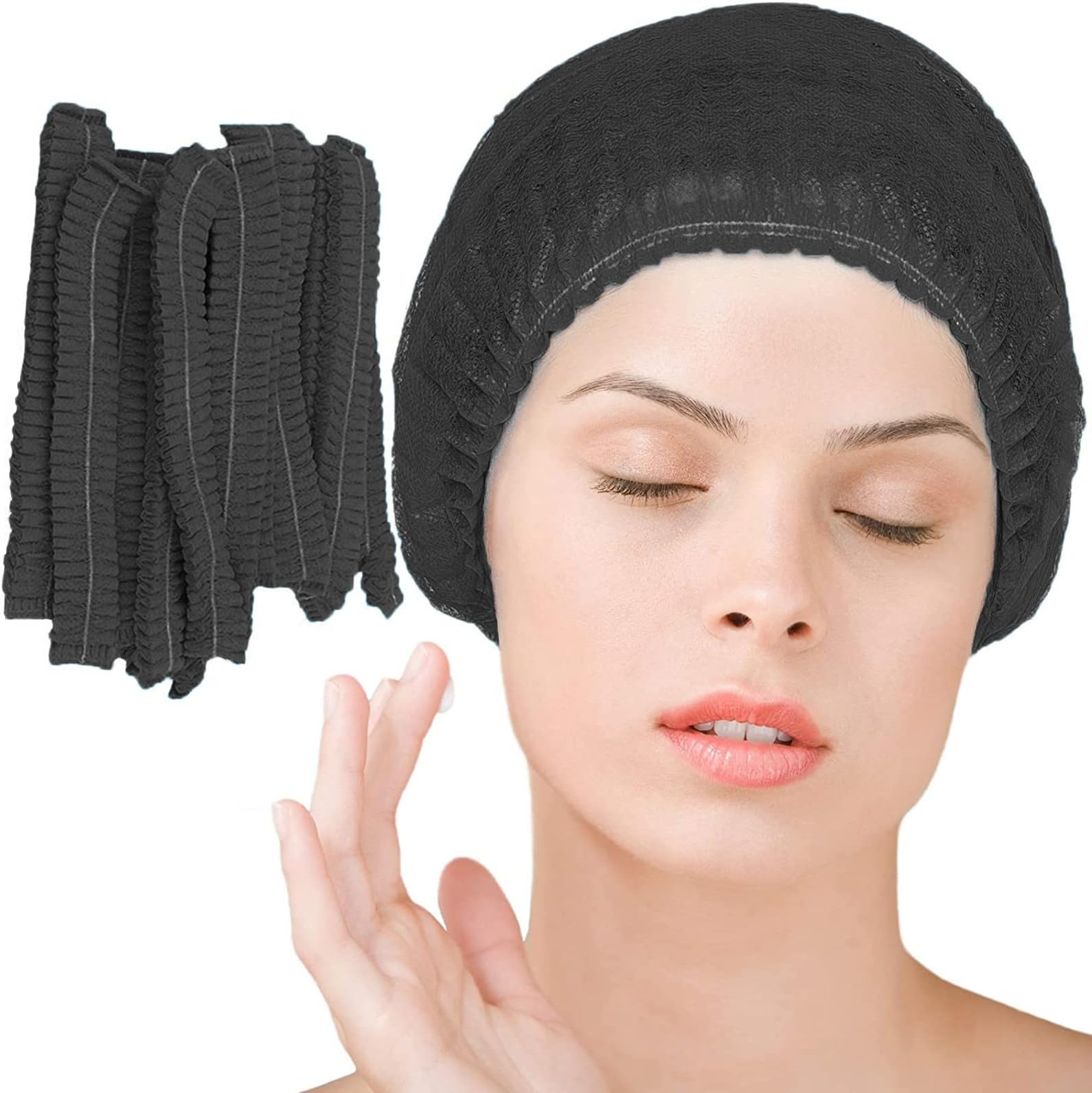 Disposable Bouffant Caps 100 Pcs ,21inches Hair Netï¼Œ Elastic Dust Cap for Food Service, Sleeping Head Cover (Black)