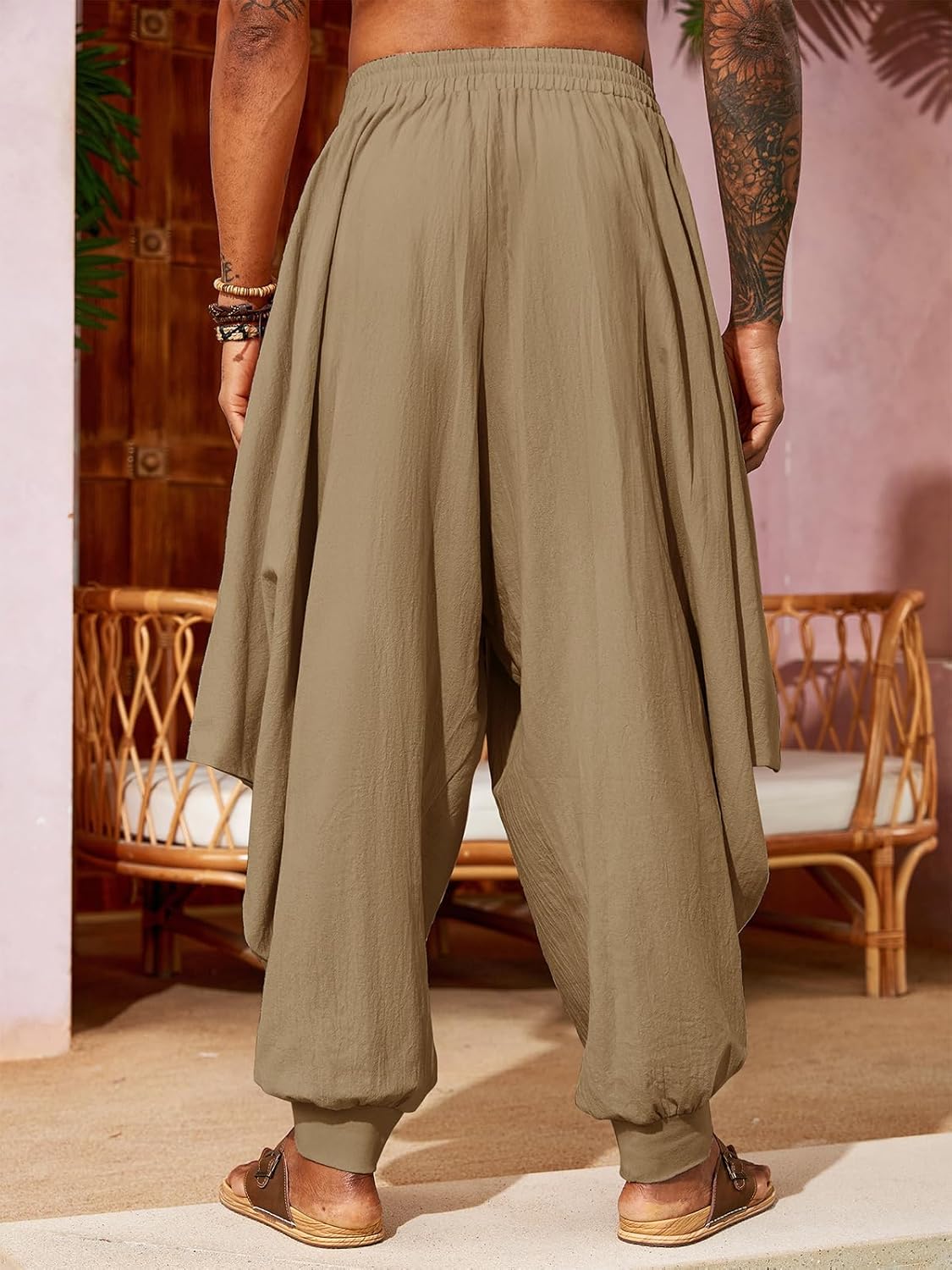 PASLTER Mens Harem Pants Linen Yoga Beach Baggy Summer Boho Aladdin Genie Pants - Image 3