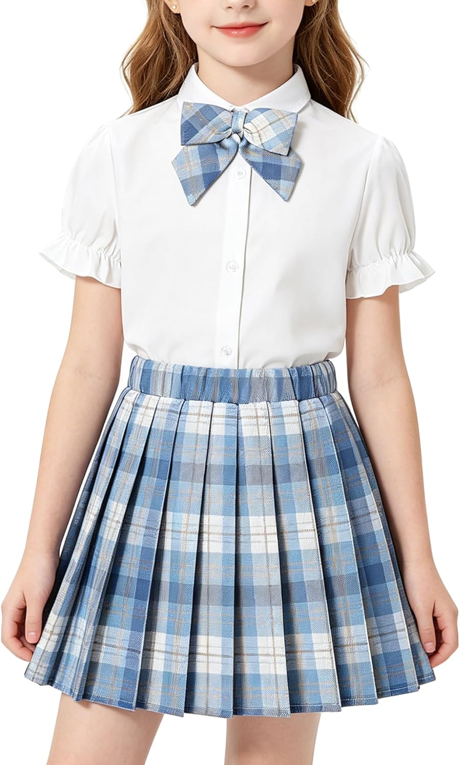 SANGTREE Girls' JK School Uniform Outfit Cute 2 Piece Set with Bow Tie Shirt and Pleated Skirt,4T-14Y