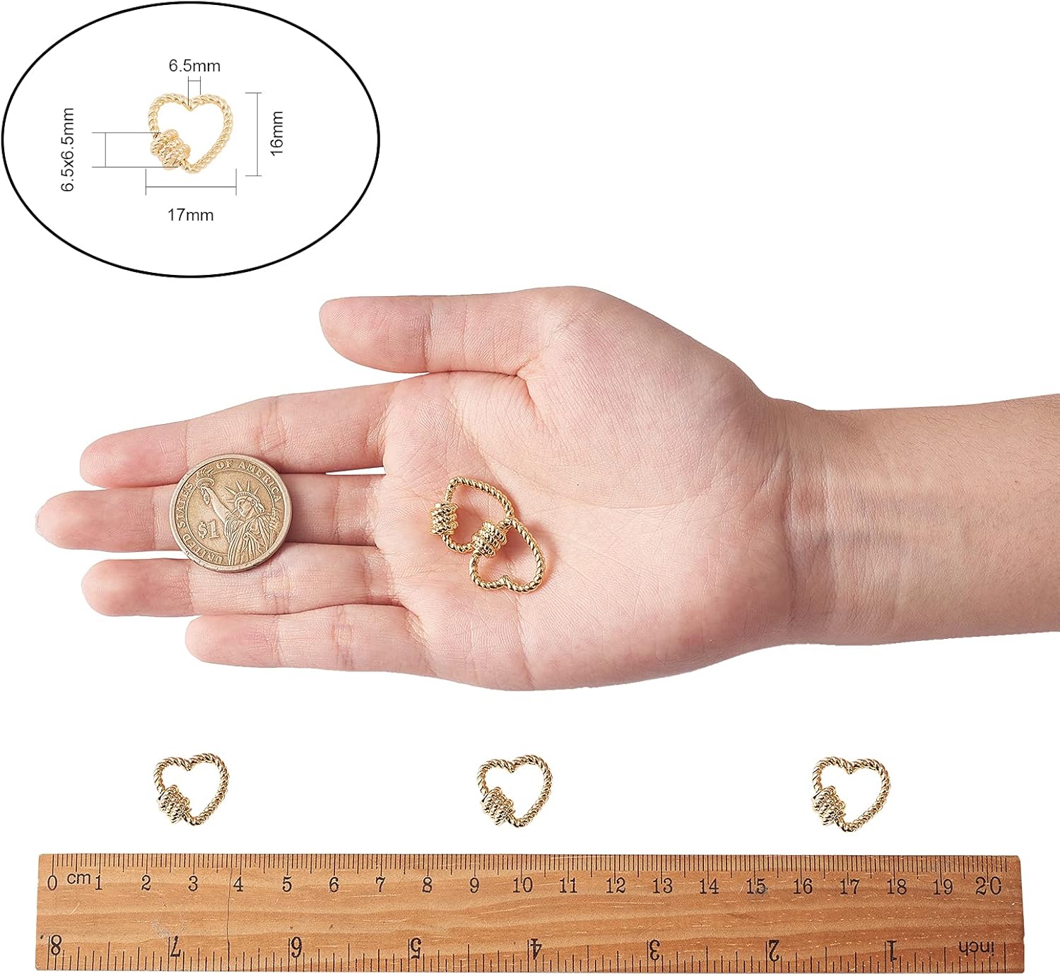 LiQunSweet 5 Pcs Small Brass Screw Carabiner Heart Lock Charms Clasp Hook Closure Buckle for Necklace Bracelet Making Mini Dangling Charms Pendant Keyrings Handbag Decor - 17mm - Image 3