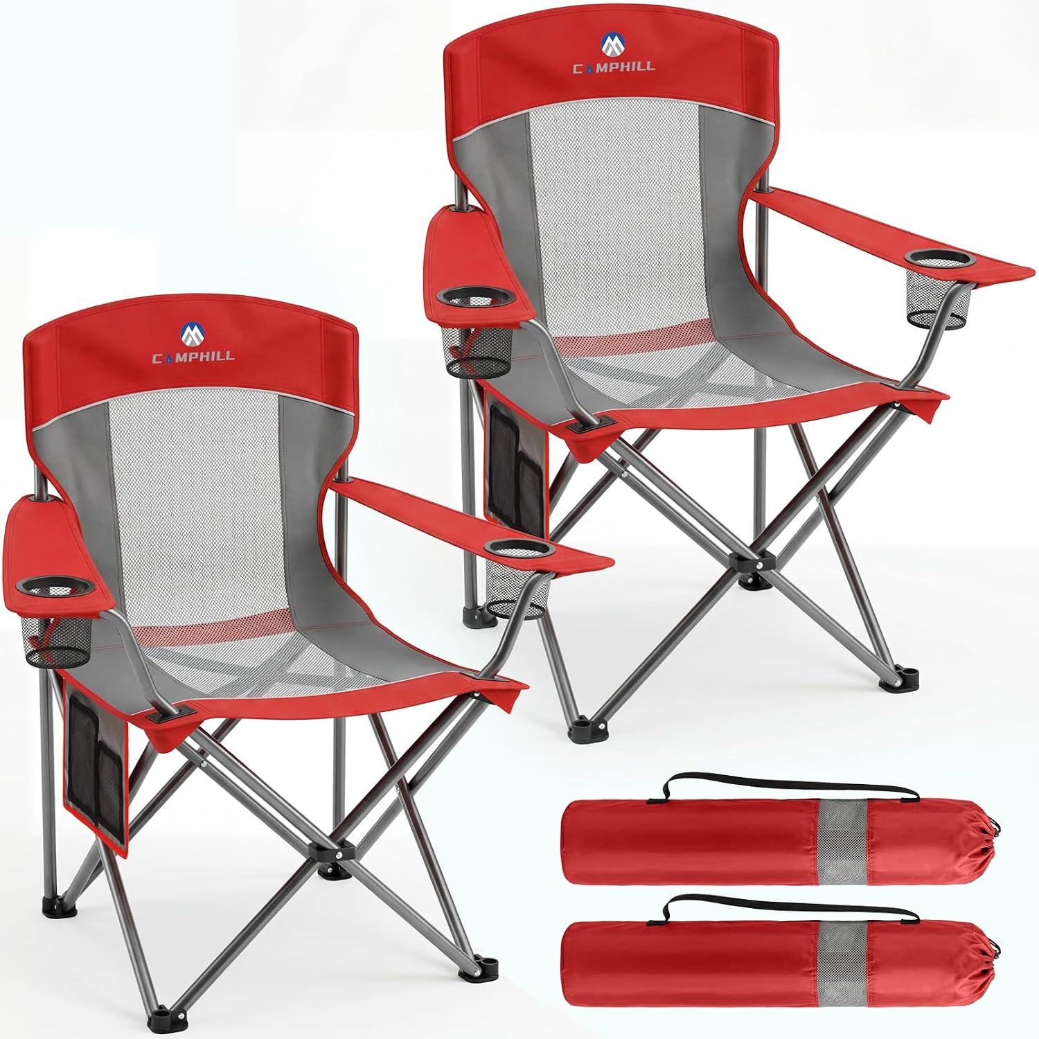 2 Pack Camping Chairs for Adults,Oversized Mesh Back Lawn Chair with Cup Holder, Side Pocket&Bag for Outdoor,Beach,Picnic,Fishing,and Sports,Breathable,Heavy Duty,Blue