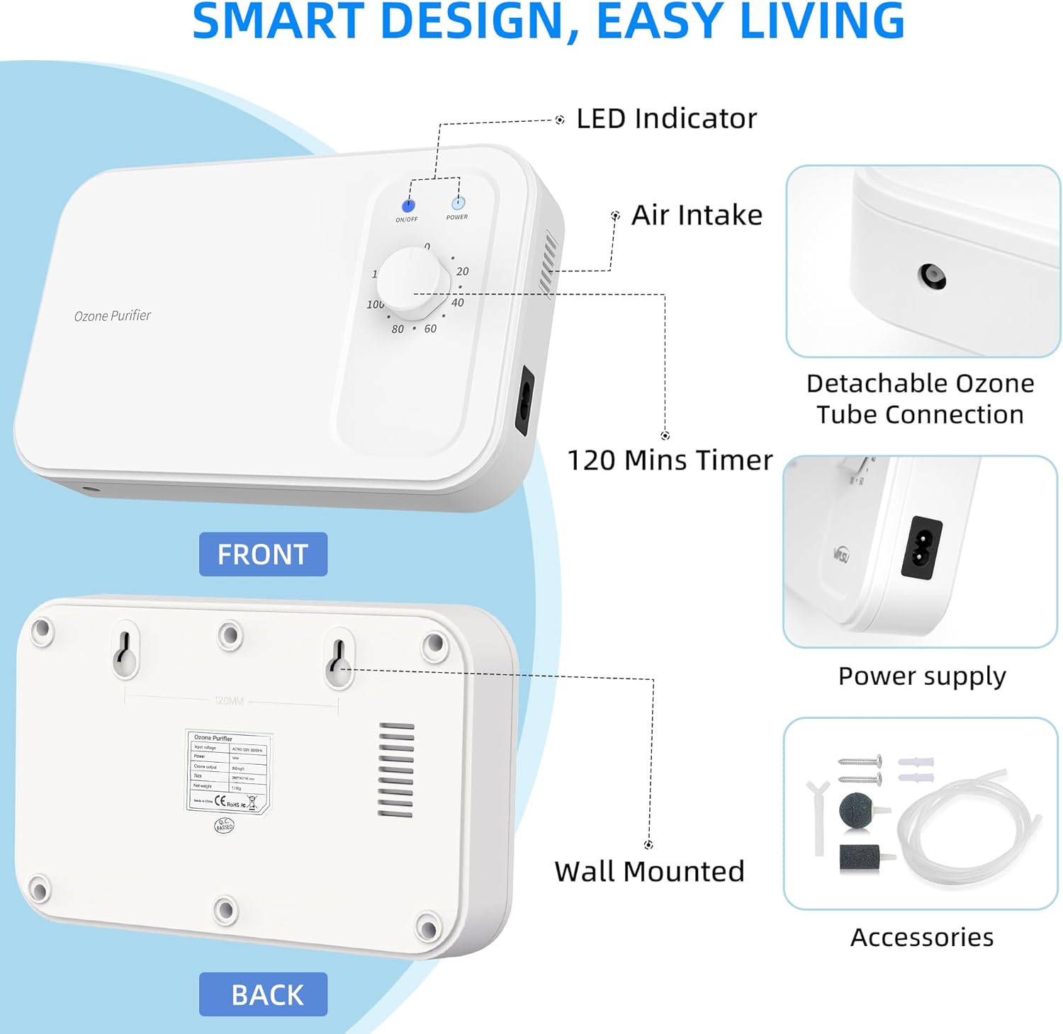 800mg/h Multipurpose Ozone Machine with Timer, for Air and Water, Portable for Home, Office, Car, Hunting, Kitchen, Cold Plunge, Fruits & Vegetables