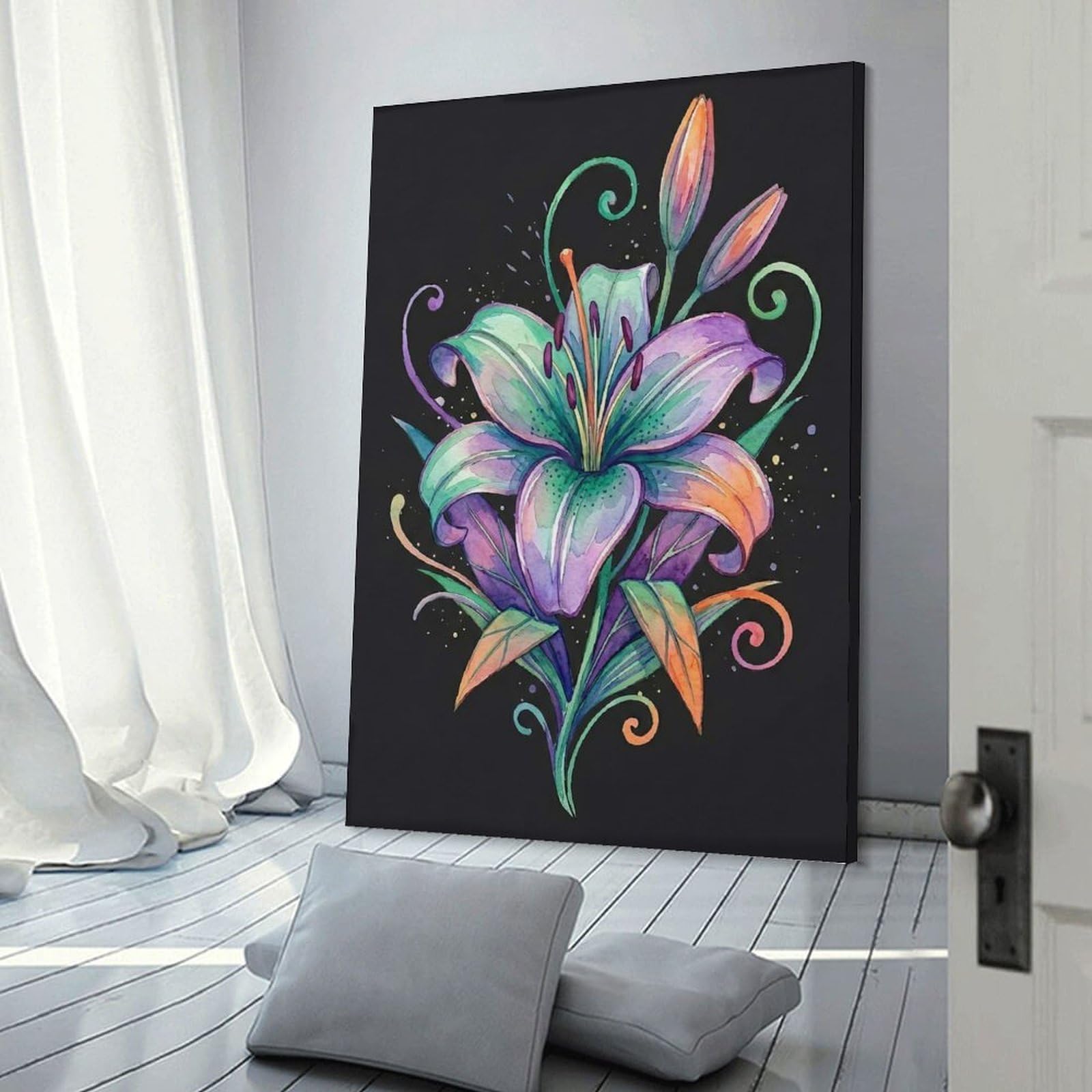Junmoney Wall Picture Print Vibrant Watercolor Lily Illustration, 20x30inch(50x75cm), for Living Room, Lounge Or Sitting Room, Modern Wall Decor for Cosy Interiors