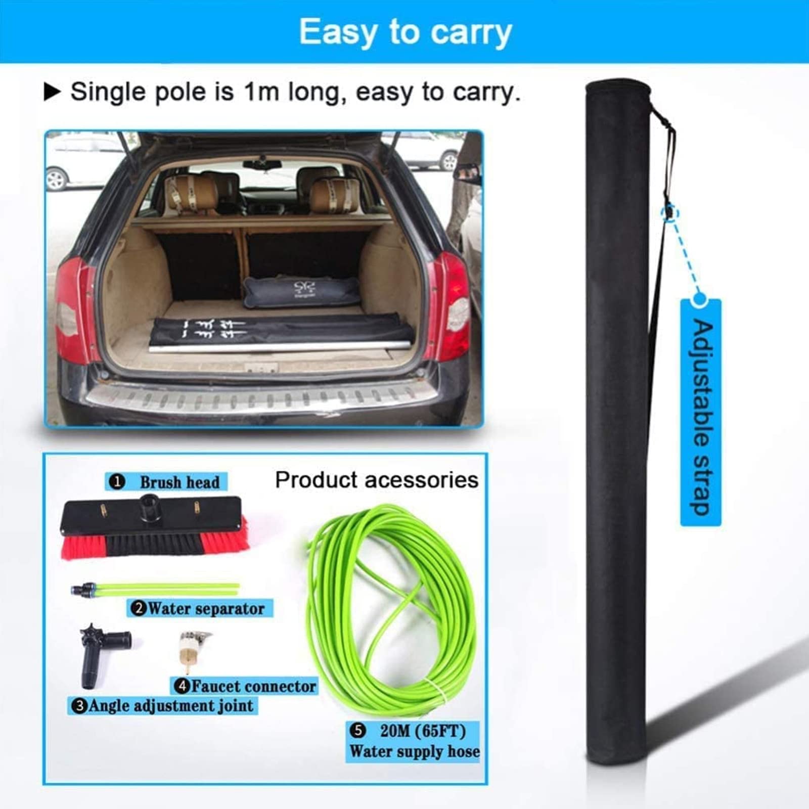 Kit de pértiga telescópica de 3-12 m para Limpieza de Ventanas con Cabezal de Cepillo de 50 cm, Cepillo Extensible con Suministro de Agua para Limpieza de Paneles solares