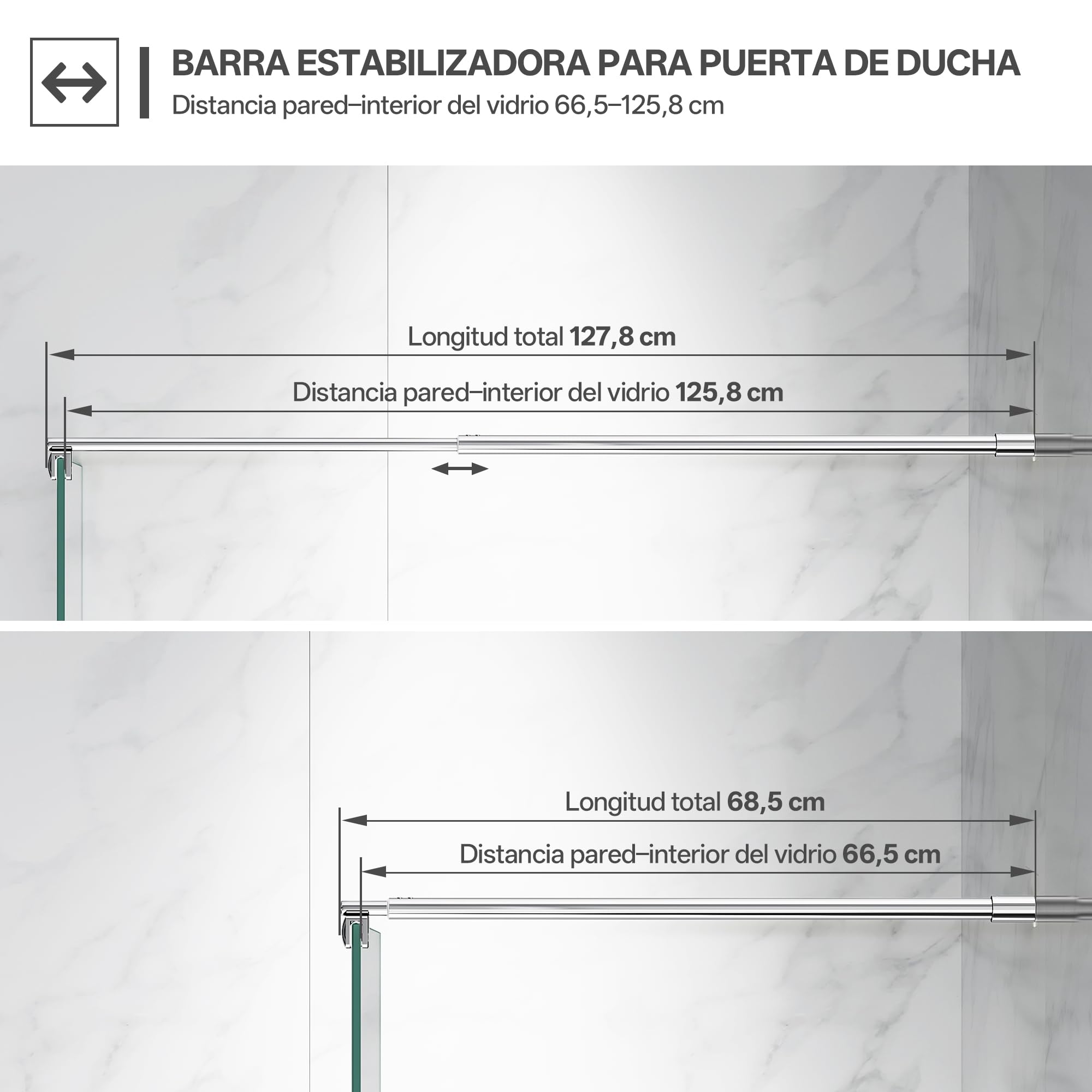 Barra de soporte telescópica de pared para mampara de ducha, ajustable de 68,5 a 127,8 cm (desde la pared hasta el borde interior del vidrio), para vidrio de 6-10 mm, cromo | Fabricado con acero inoxidable 304, adecuado para vidrio de 6-10 mm y permite un