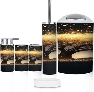 Bathroom Accessory Set 6 Pcs Exquisite Dark Acacia Tree Landscape Toothbrush Holder, Soap Dispenser, Toothbrush Cup, Trash Can, Toilet Brush Holder for Rustic Decor
