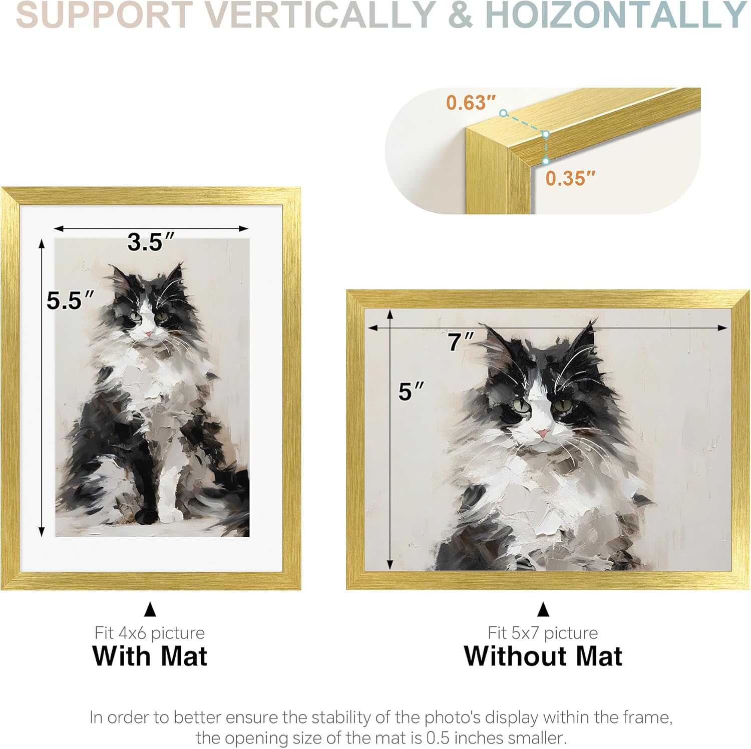 5x7 Picture Frame Gold Shiny Brushed Aluminum with Plexiglass, Metal 5 x 7 Photo Frame Mat to 4x6 Frame for Art Gallery Wall Tabletop Decor